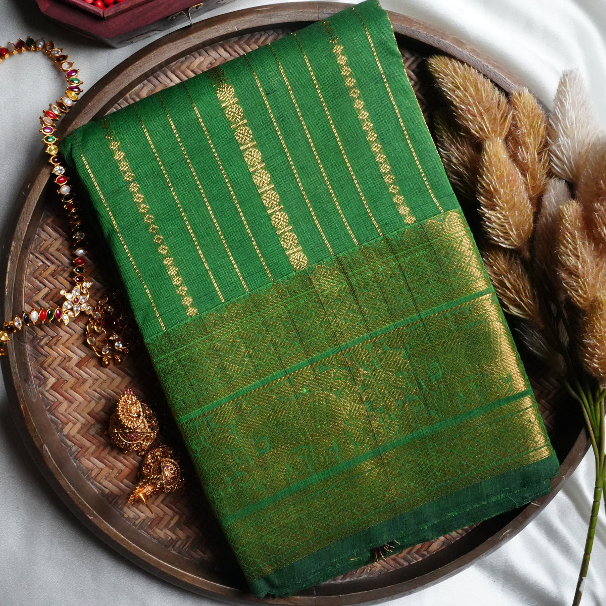 Emerald Elegance: Handloom Kanchi Cotton Saree - SAROYA