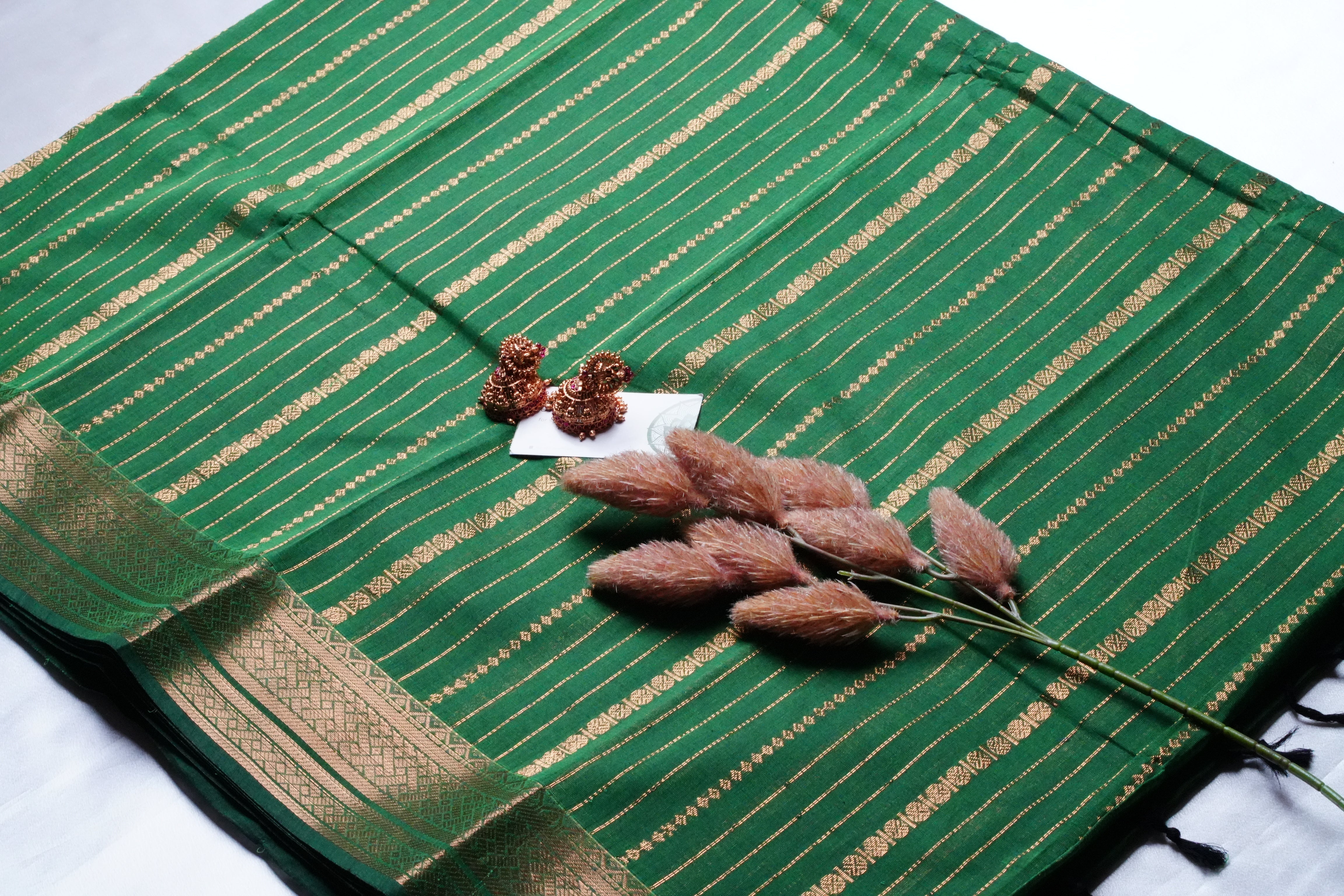 Emerald Elegance: Handloom Kanchi Cotton Saree - SAROYA