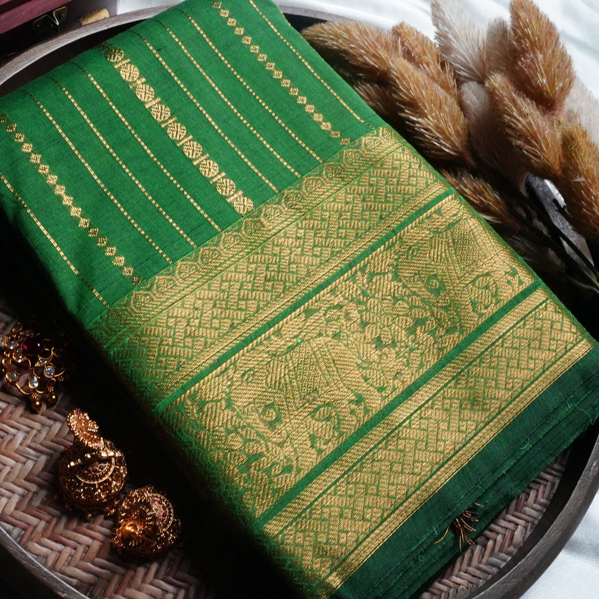 Emerald Elegance: Handloom Kanchi Cotton Saree - SAROYA