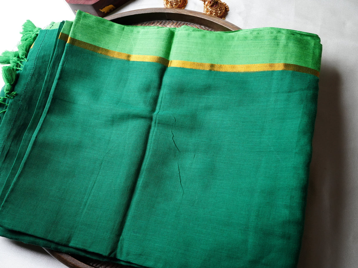 🌿 Emerald & Mint Green Pure Mul Cotton Saree with Gold Zari Border & Tassels ✨💚 - SAROYA