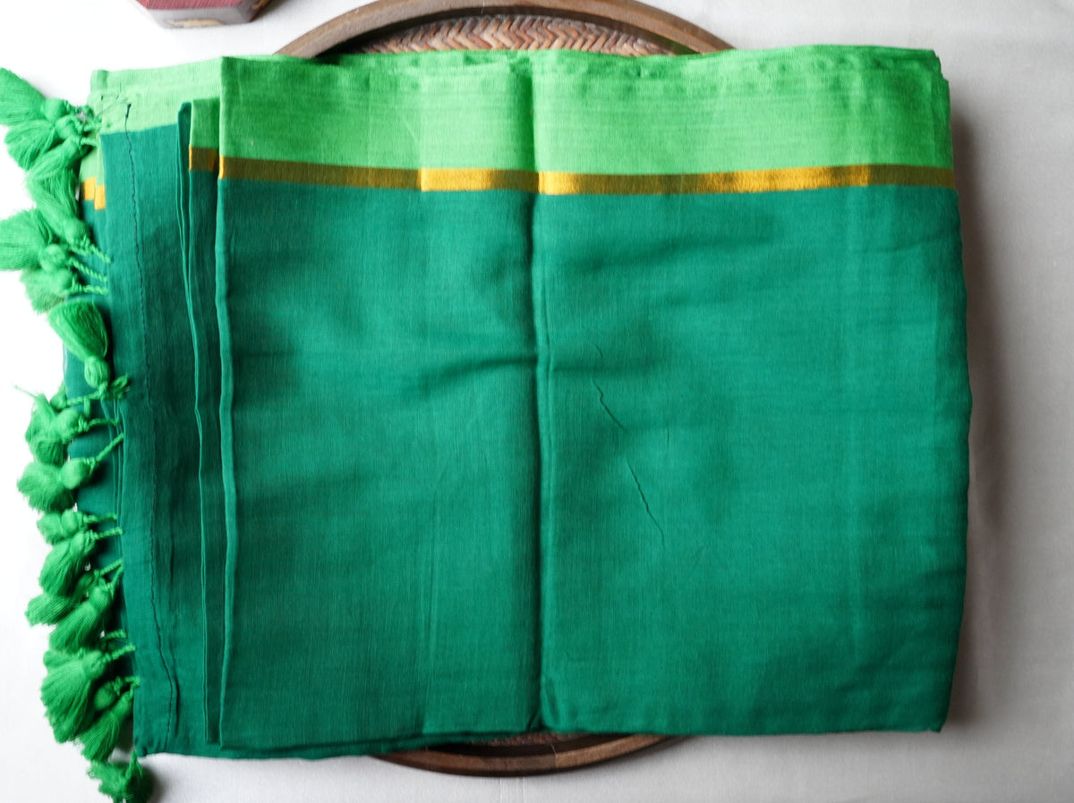 🌿 Emerald & Mint Green Pure Mul Cotton Saree with Gold Zari Border & Tassels ✨💚 - SAROYA