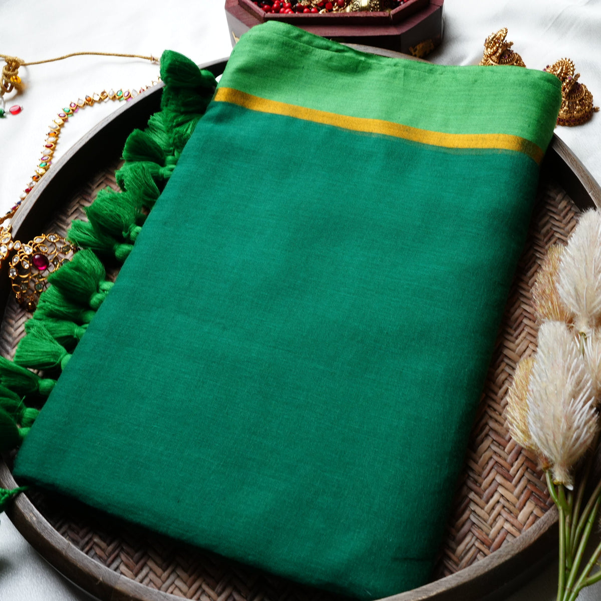 🌿 Emerald & Mint Green Pure Mul Cotton Saree with Gold Zari Border & Tassels ✨💚 - SAROYA