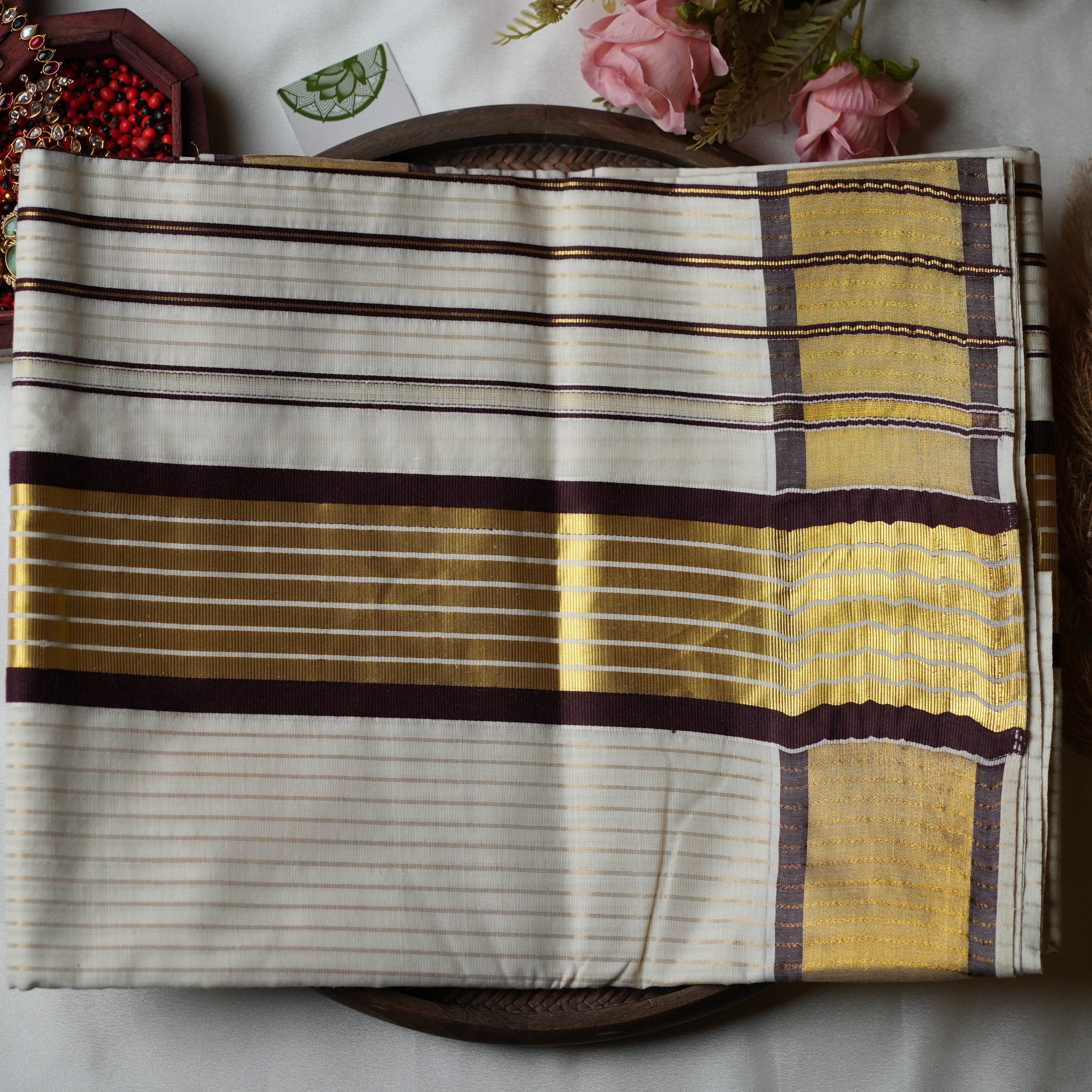 ☕ Espresso & Golden Stripes: The Premium Pure Cotton Kerala Saree ☕ - SAROYA