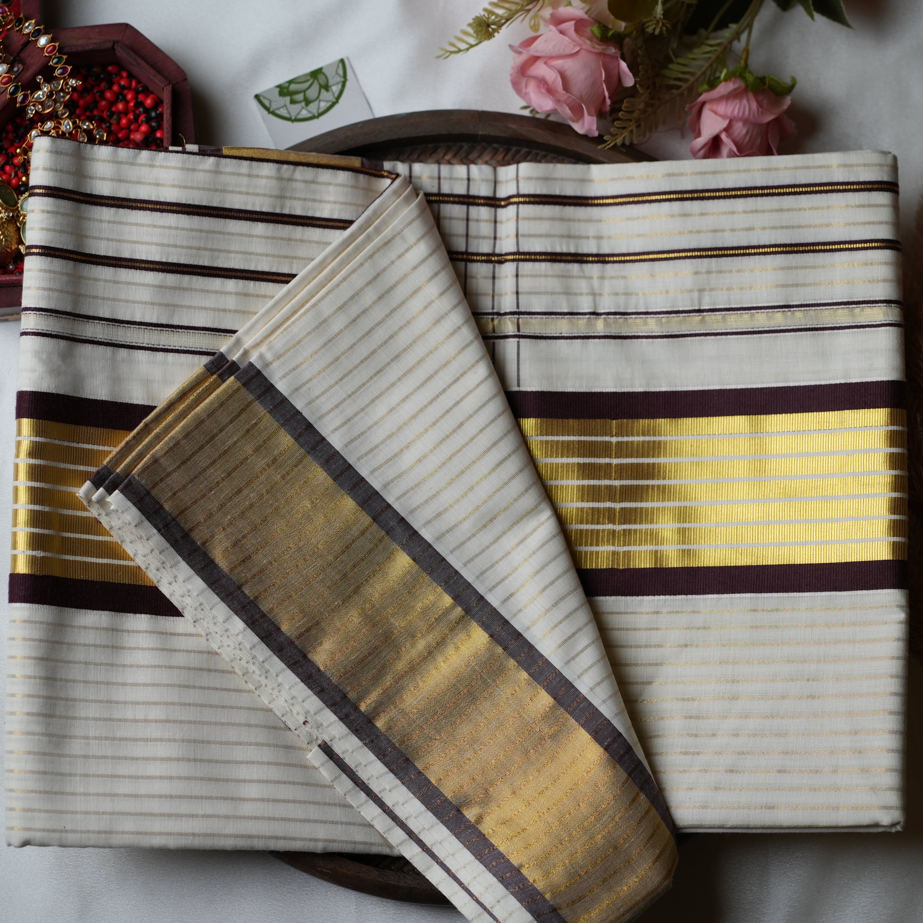 ☕ Espresso & Golden Stripes: The Premium Pure Cotton Kerala Saree ☕ - SAROYA