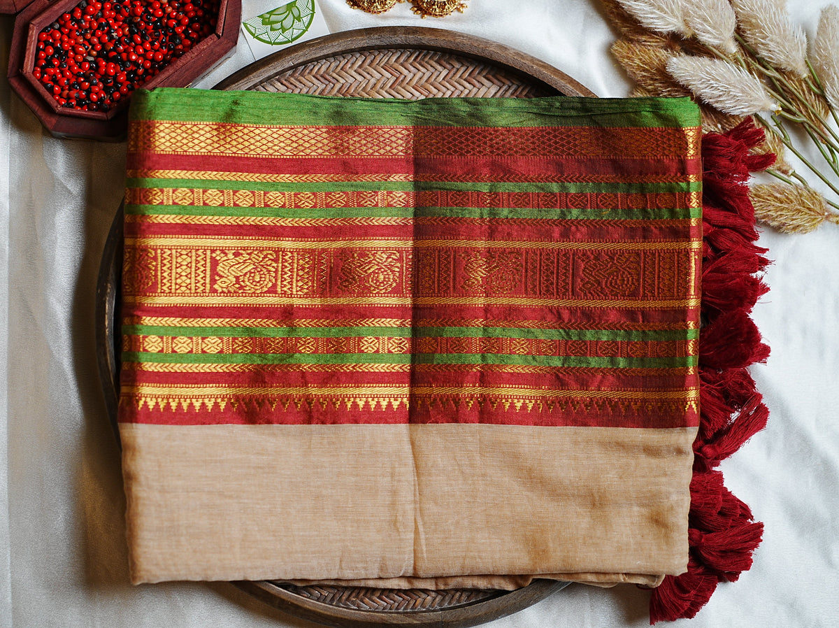🌿 Festive Crimson, Emerald Green & Heritage Zari: Premium Mulcotton Saree 🪵 - SAROYA