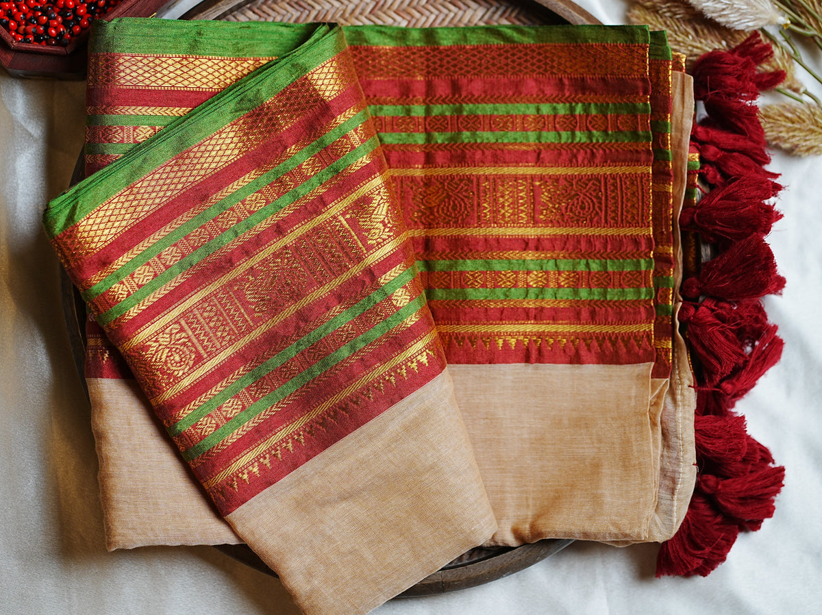 🌿 Festive Crimson, Emerald Green & Heritage Zari: Premium Mulcotton Saree 🪵 - SAROYA