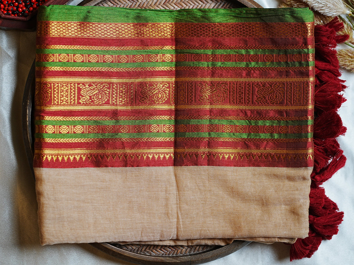 🌿 Festive Crimson, Emerald Green & Heritage Zari: Premium Mulcotton Saree 🪵 - SAROYA
