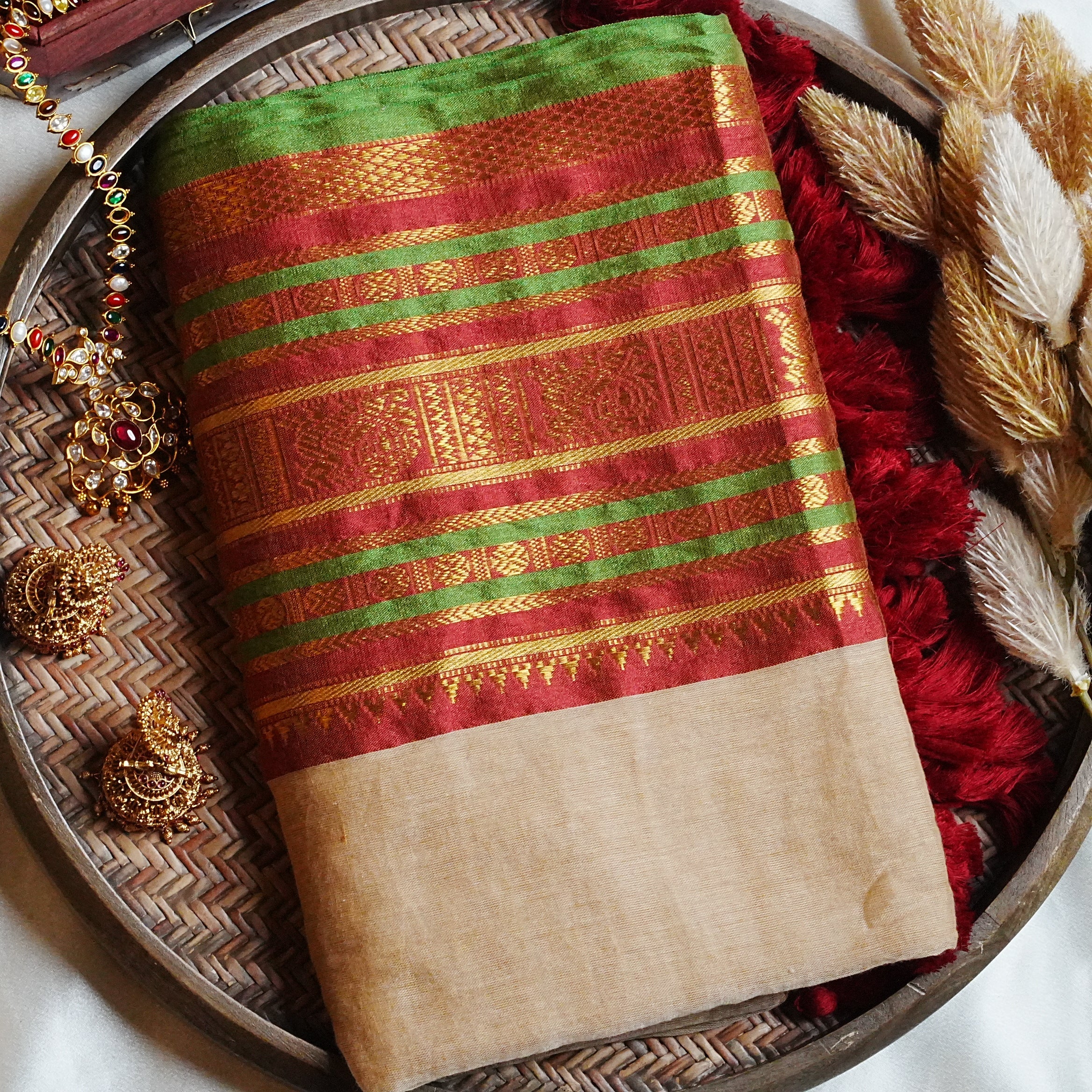 🌿 Festive Crimson, Emerald Green & Heritage Zari: Premium Mulcotton Saree 🪵 - SAROYA
