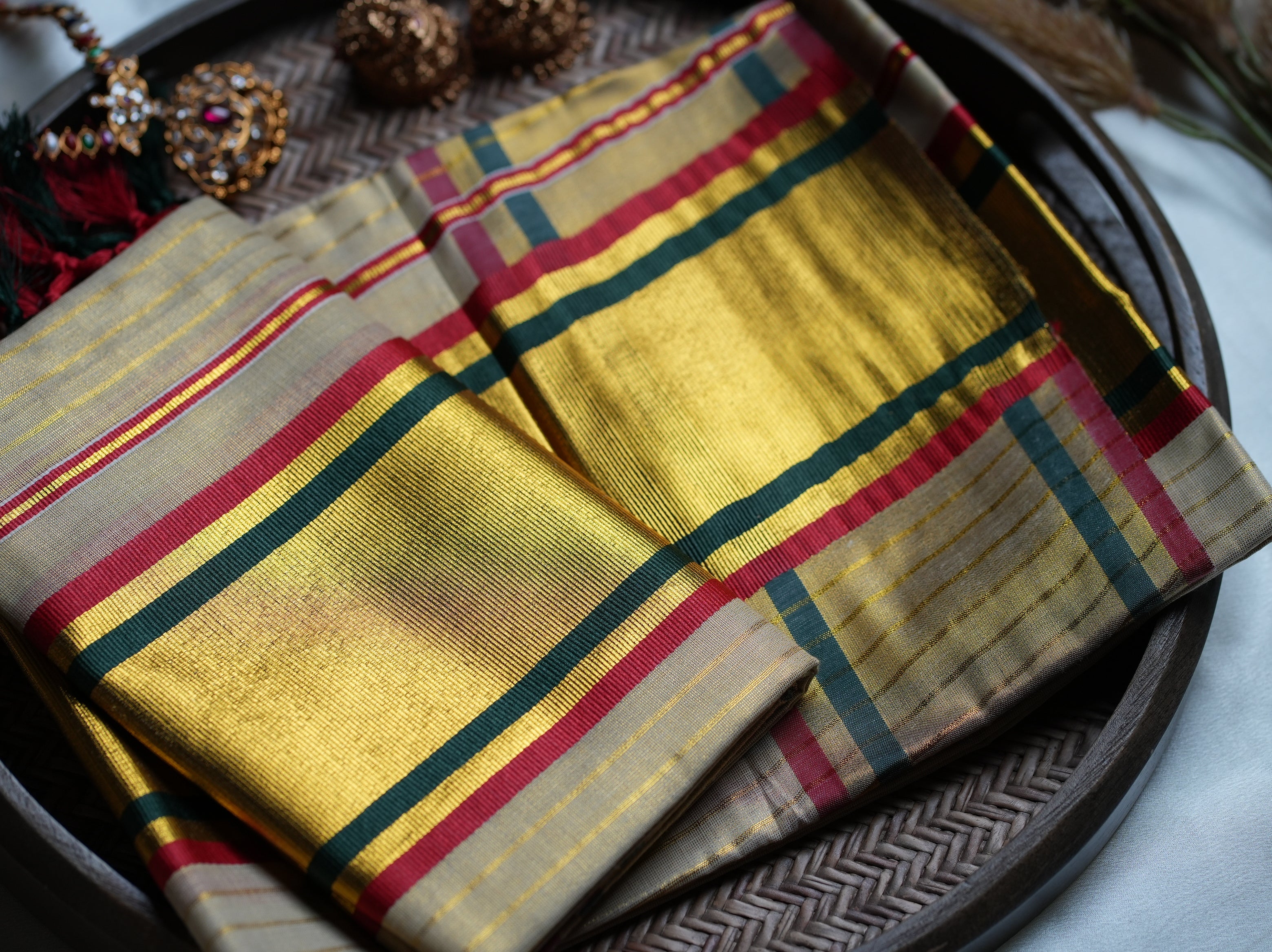 ✨ Festive Golden Tissue Kerala Set Mundu with Bottle Green & Red Border 🌟 - SAROYA