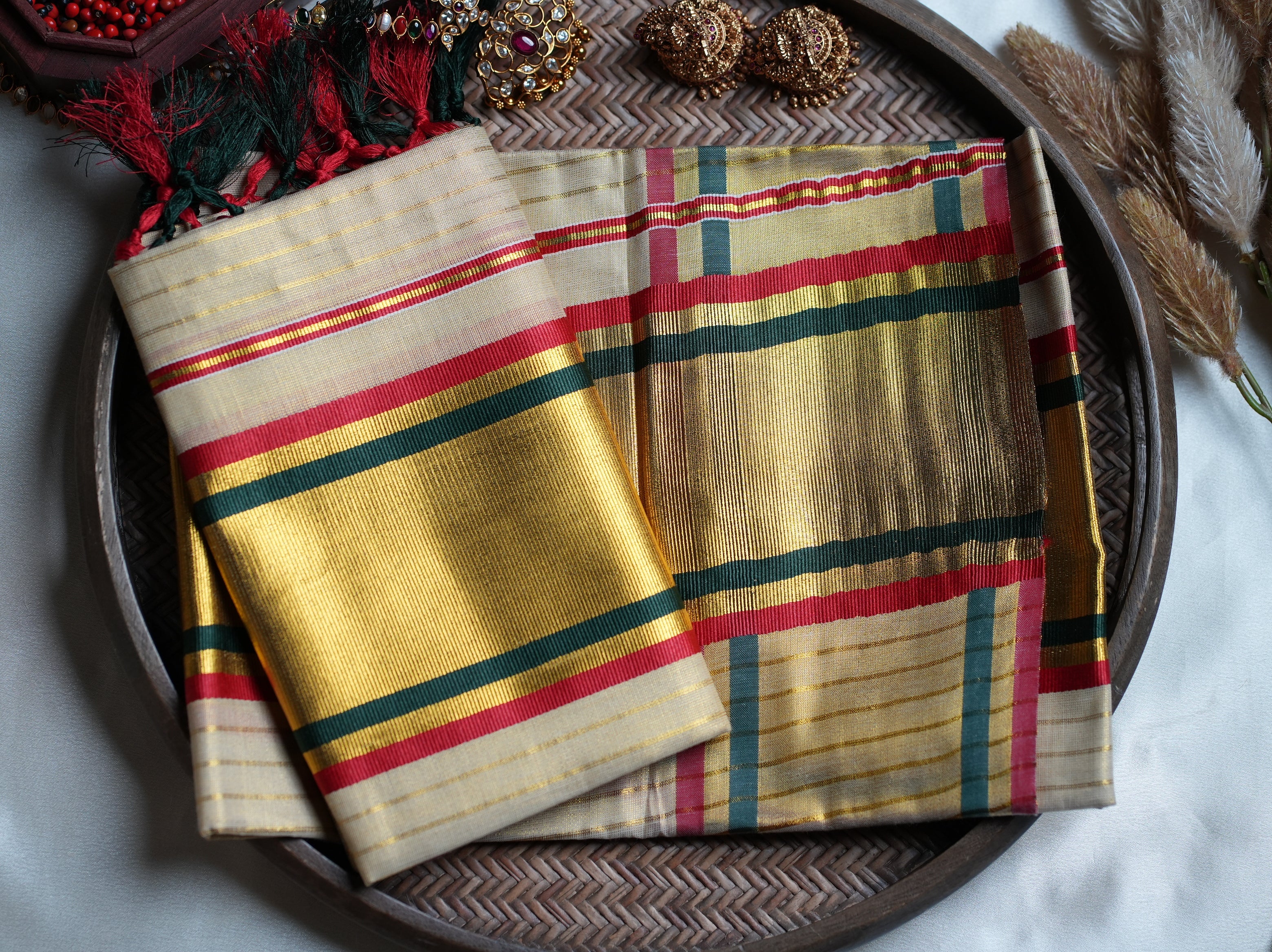 ✨ Festive Golden Tissue Kerala Set Mundu with Bottle Green & Red Border 🌟 - SAROYA