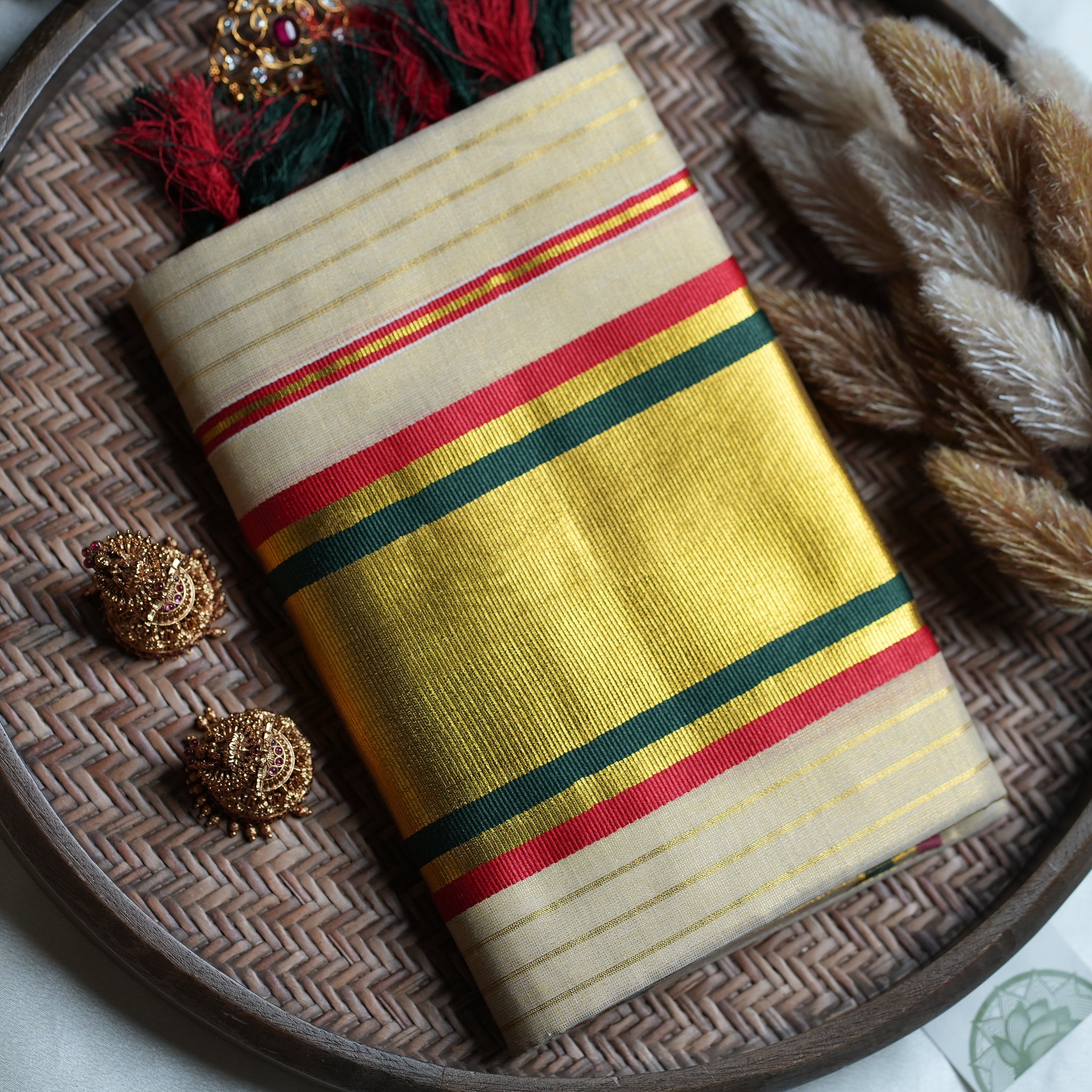 ✨ Festive Golden Tissue Kerala Set Mundu with Bottle Green & Red Border 🌟 - SAROYA