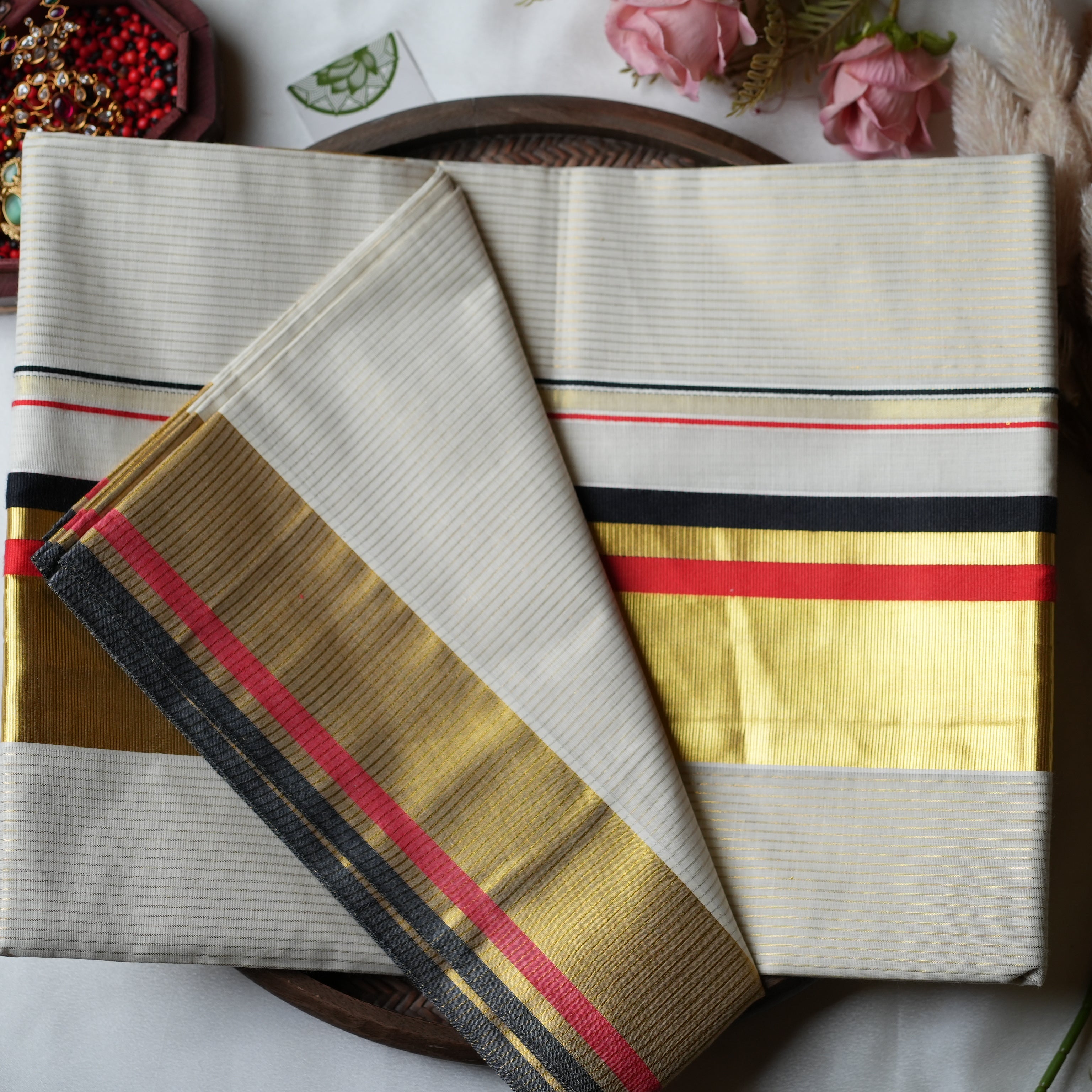 Festive Horizon: The Premium Pure Cotton Tri-Stripe Kerala Saree 🏮 - SAROYA