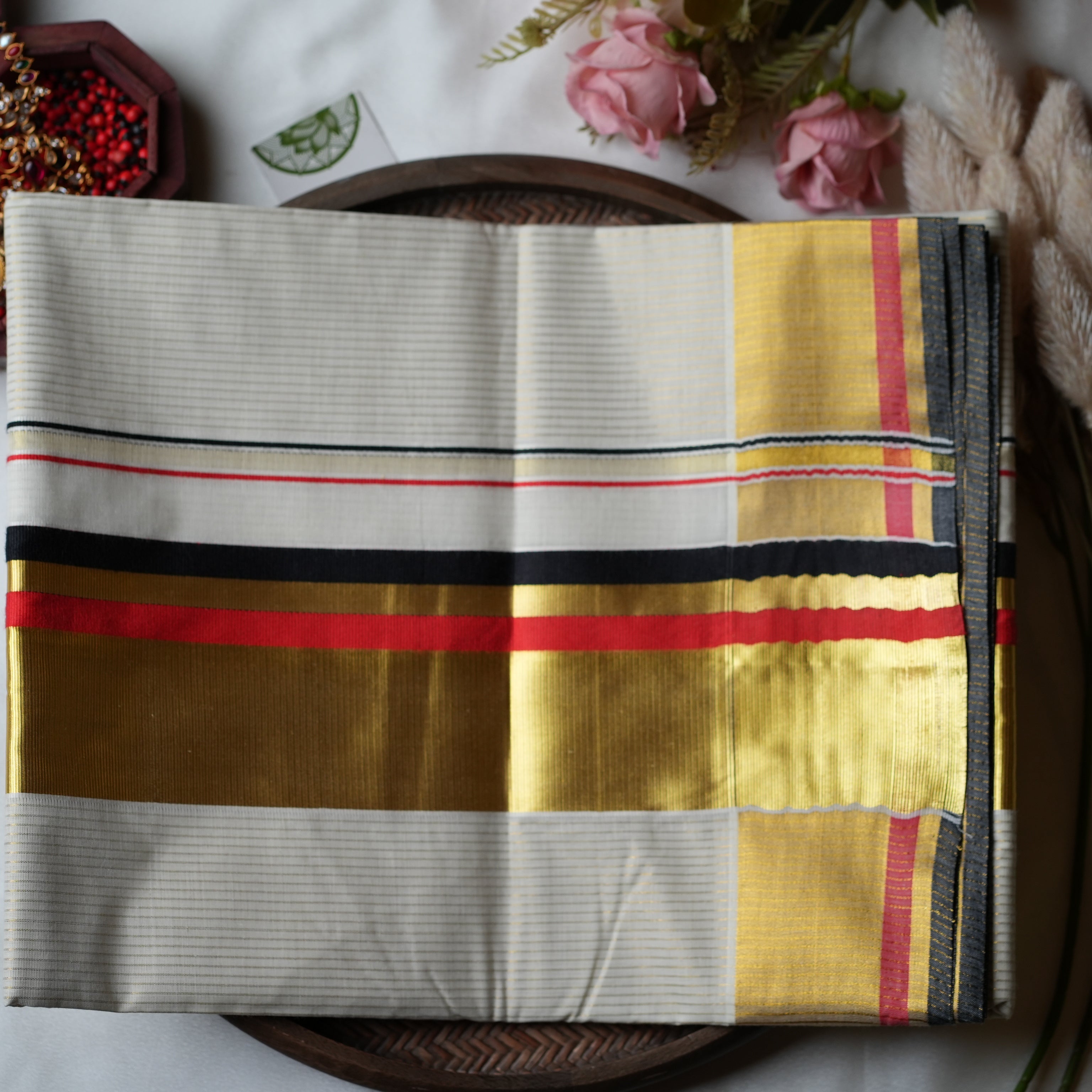 Festive Horizon: The Premium Pure Cotton Tri-Stripe Kerala Saree 🏮 - SAROYA