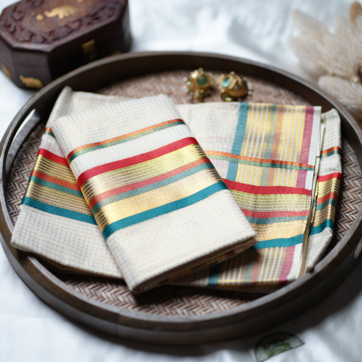 Festive Kaleidoscope: Premium Kerala Set Mundu with Gold Checks and Multi-Tone Accents - SAROYA
