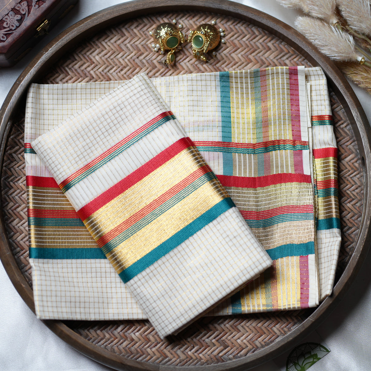 Festive Kaleidoscope: Premium Kerala Set Mundu with Gold Checks and Multi-Tone Accents - SAROYA