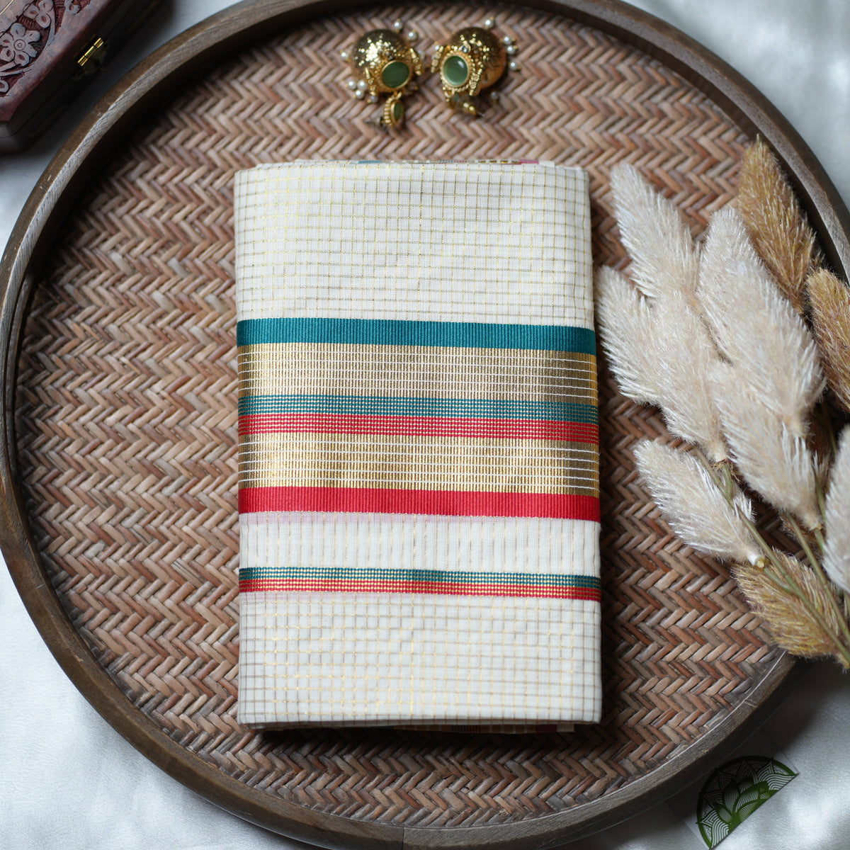 Festive Kaleidoscope: Premium Kerala Set Mundu with Gold Checks and Multi-Tone Accents - SAROYA