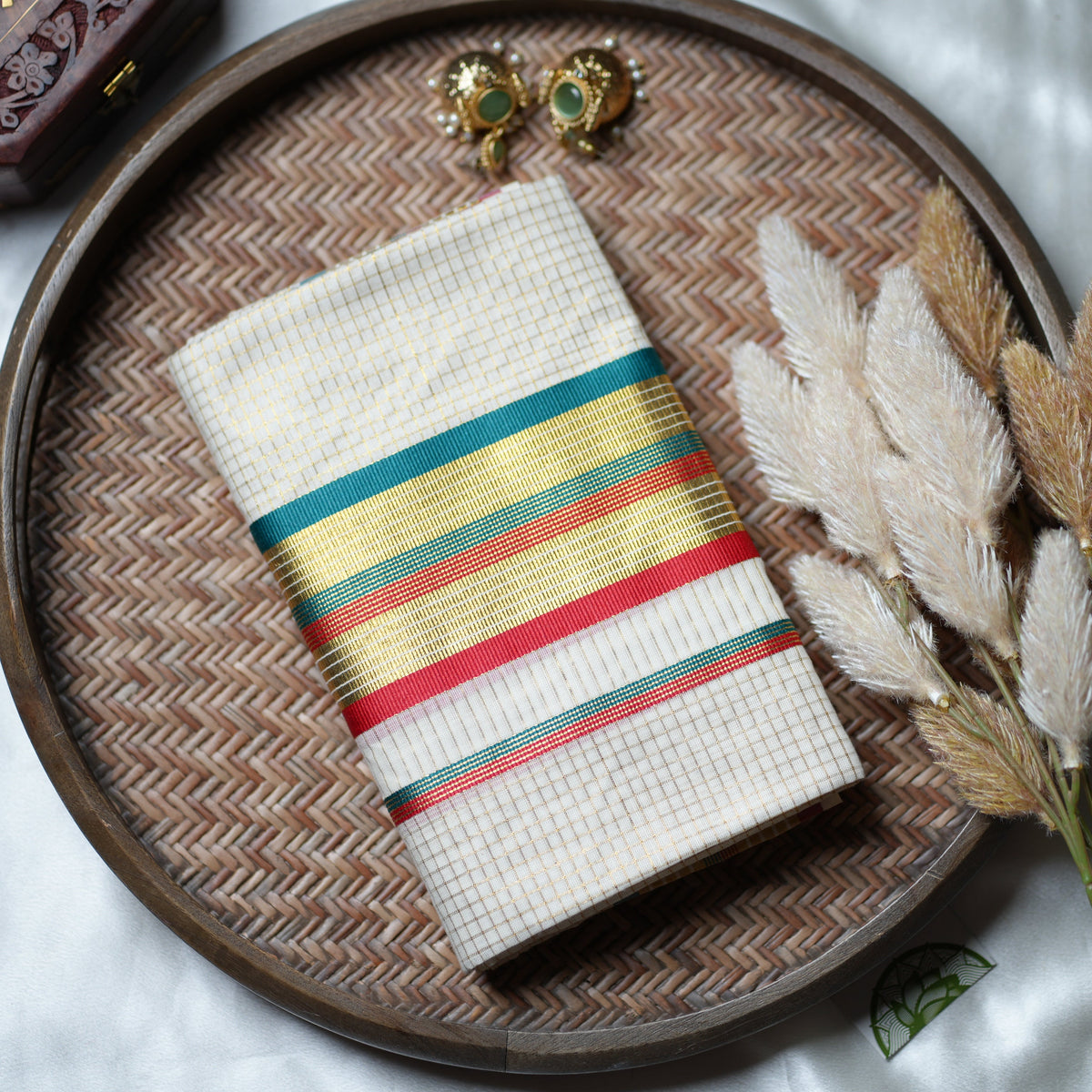 Festive Kaleidoscope: Premium Kerala Set Mundu with Gold Checks and Multi-Tone Accents - SAROYA