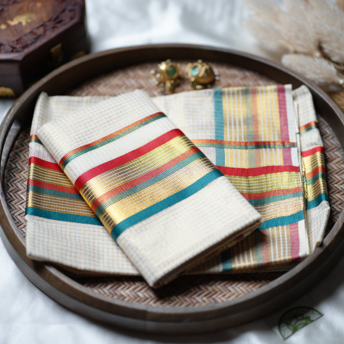 Festive Kaleidoscope: Premium Kerala Set Mundu with Gold Checks and Multi-Tone Accents - SAROYA