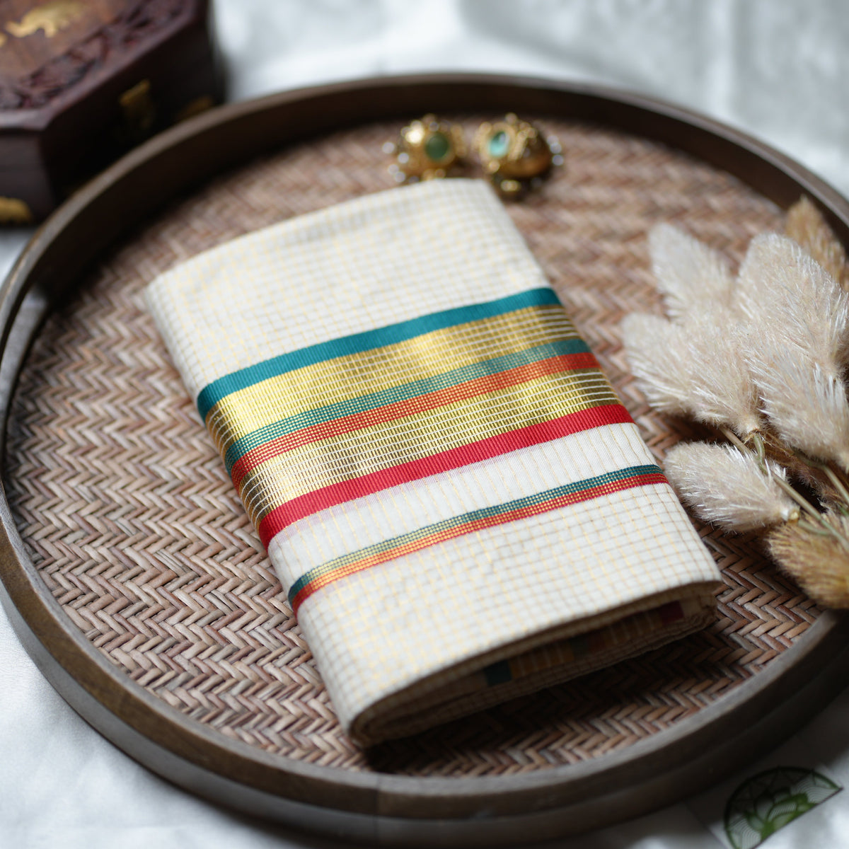 Festive Kaleidoscope: Premium Kerala Set Mundu with Gold Checks and Multi-Tone Accents - SAROYA