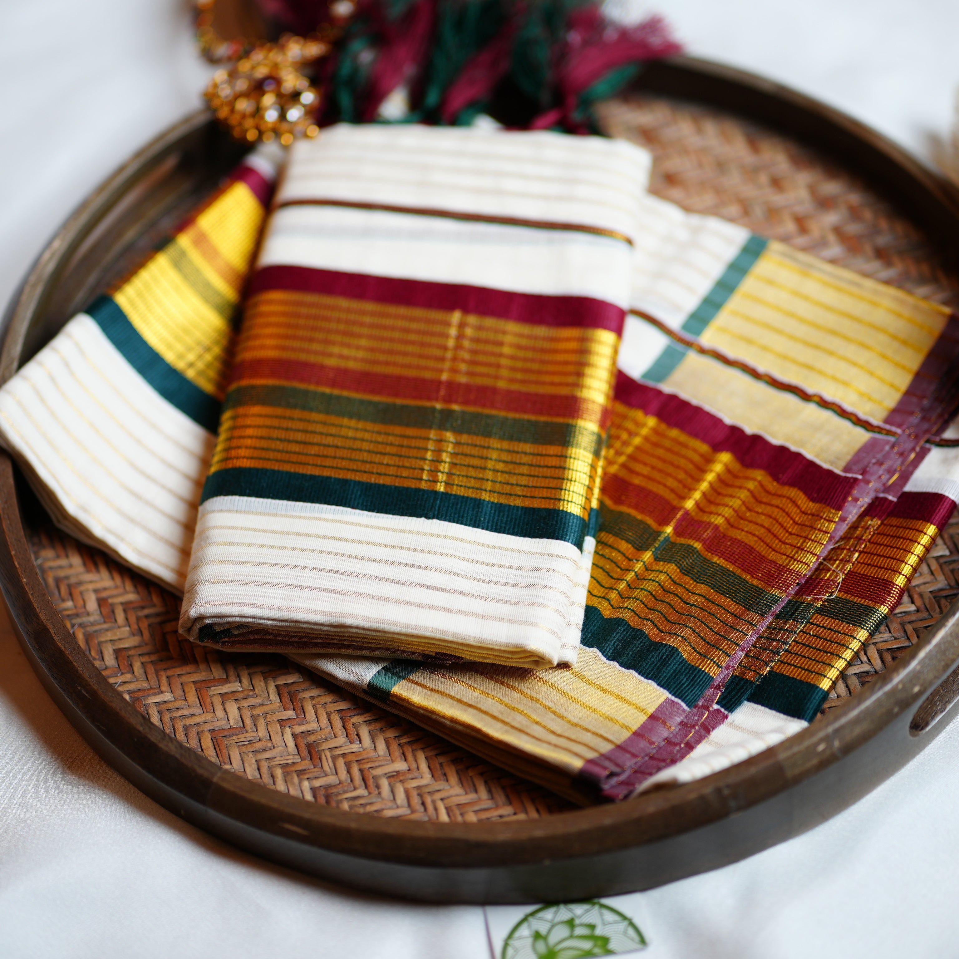 🍷 Festive Maroon & Bottle Green Stripes Cotton Kerala Set Mundu 🌲 - SAROYA