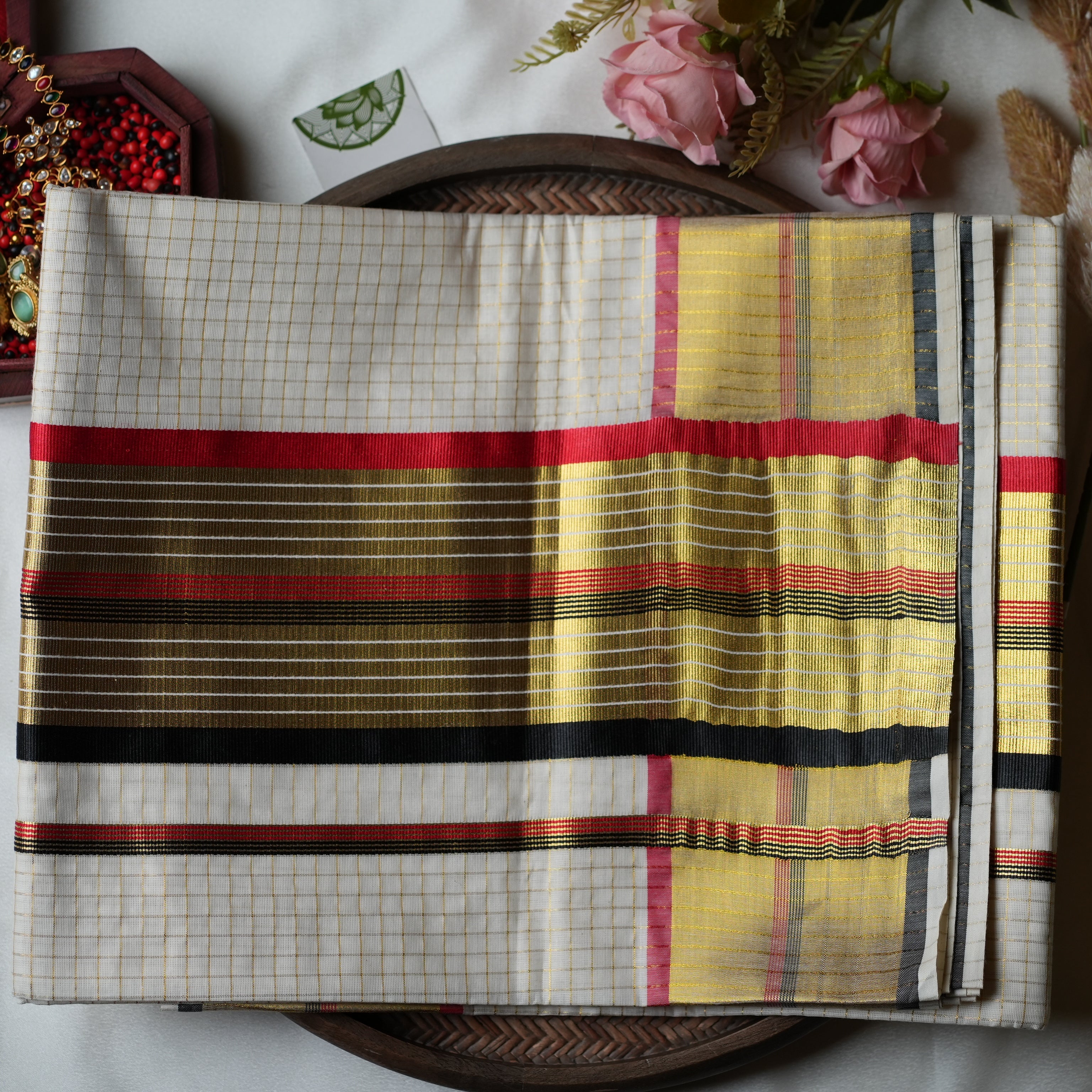 Festive multi-Stripe Grandeur: The Premium Pure Cotton Kerala Saree 🏮 - SAROYA