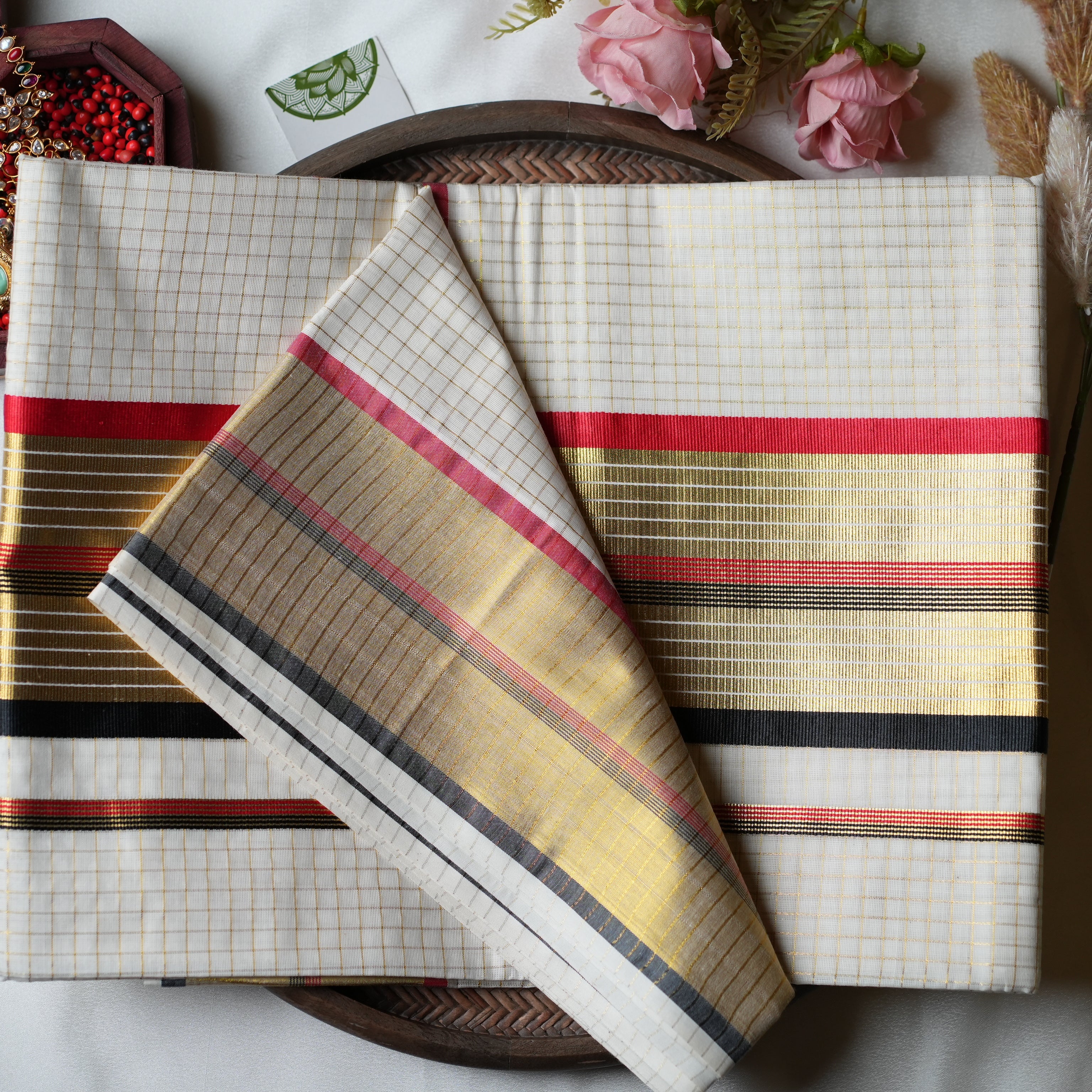 Festive multi-Stripe Grandeur: The Premium Pure Cotton Kerala Saree 🏮 - SAROYA