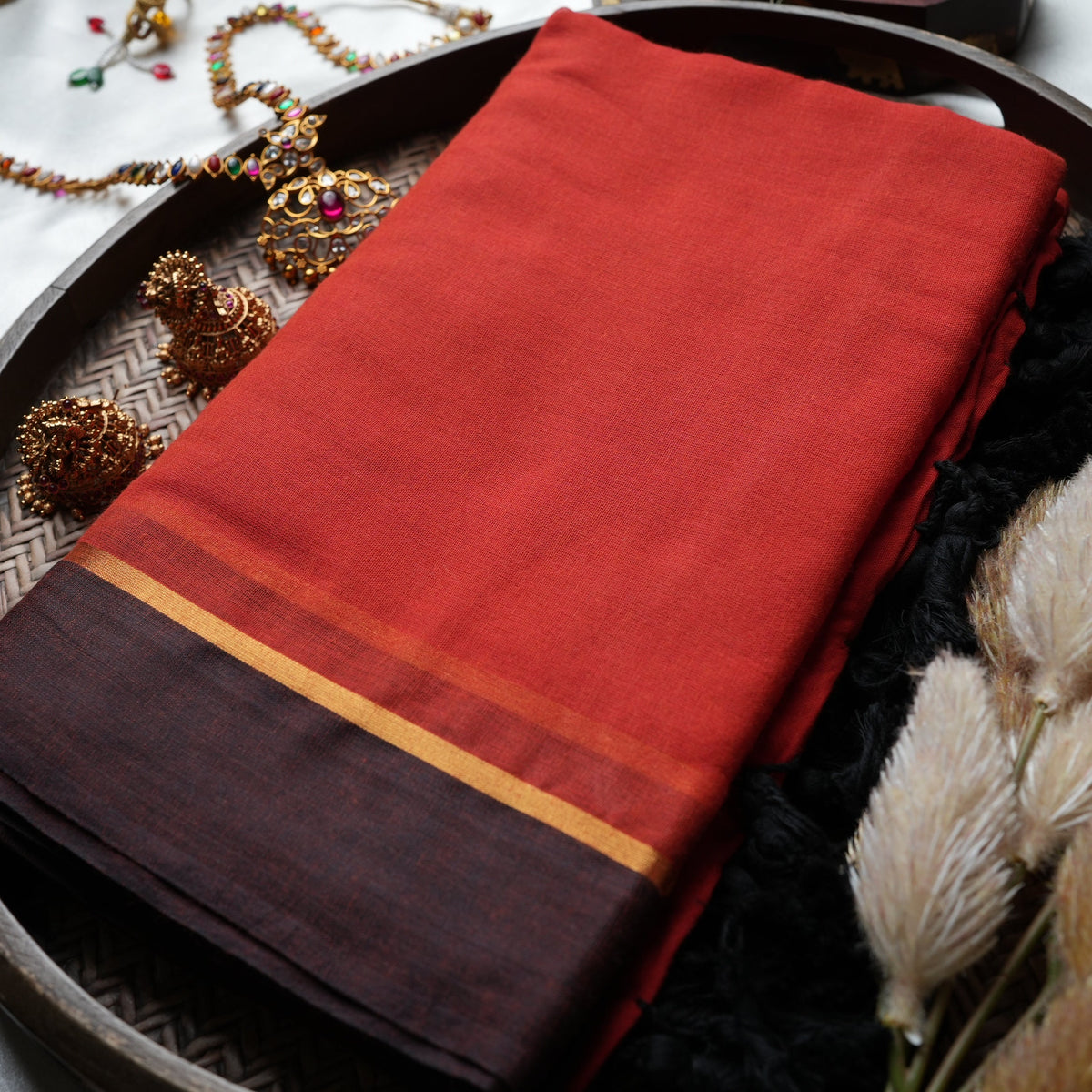 ❤️ Fiery Crimson Red Pure Mul Cotton Saree with Chocolate Brown Border & Statement Tassels ✨🖤 - SAROYA