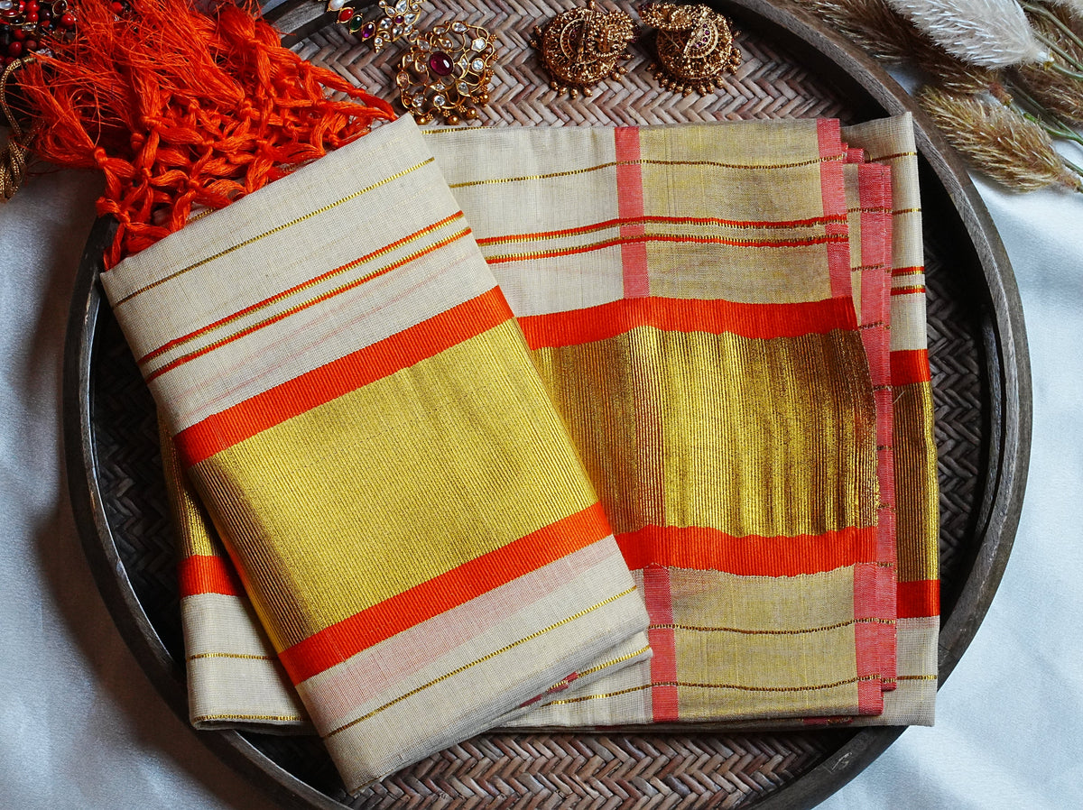 🧡 Fiery Orange & Radiant Kasavu: Premium Tissue Kerala Set Mundu 🍊 - SAROYA