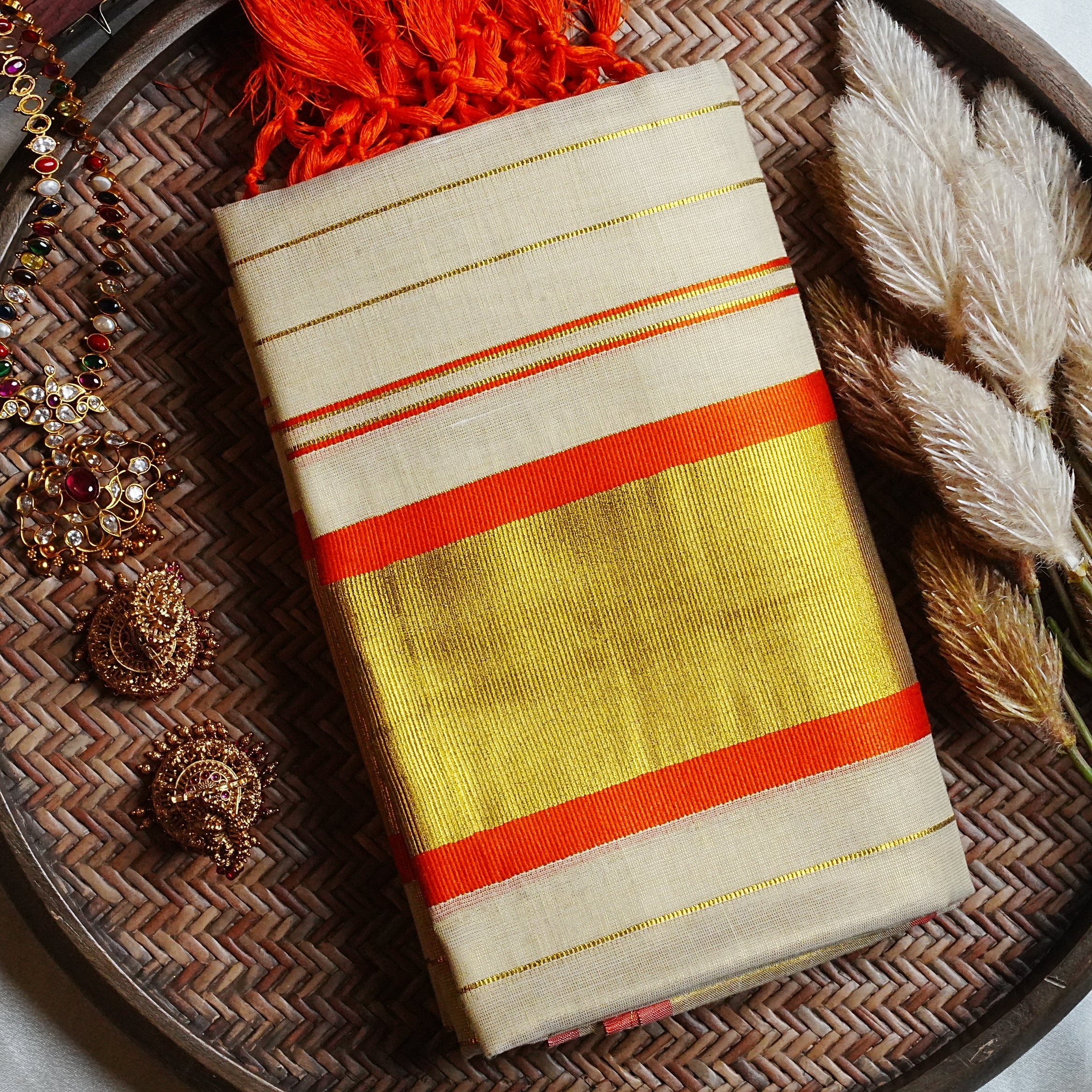🧡 Fiery Orange & Radiant Kasavu: Premium Tissue Kerala Set Mundu 🍊 - SAROYA