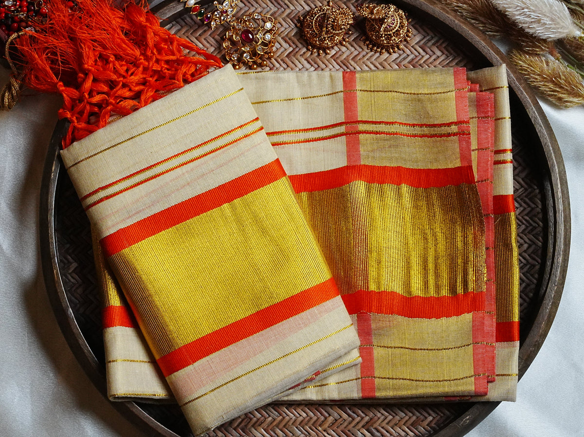 🧡 Fiery Orange & Radiant Kasavu: Premium Tissue Kerala Set Mundu 🍊 - SAROYA