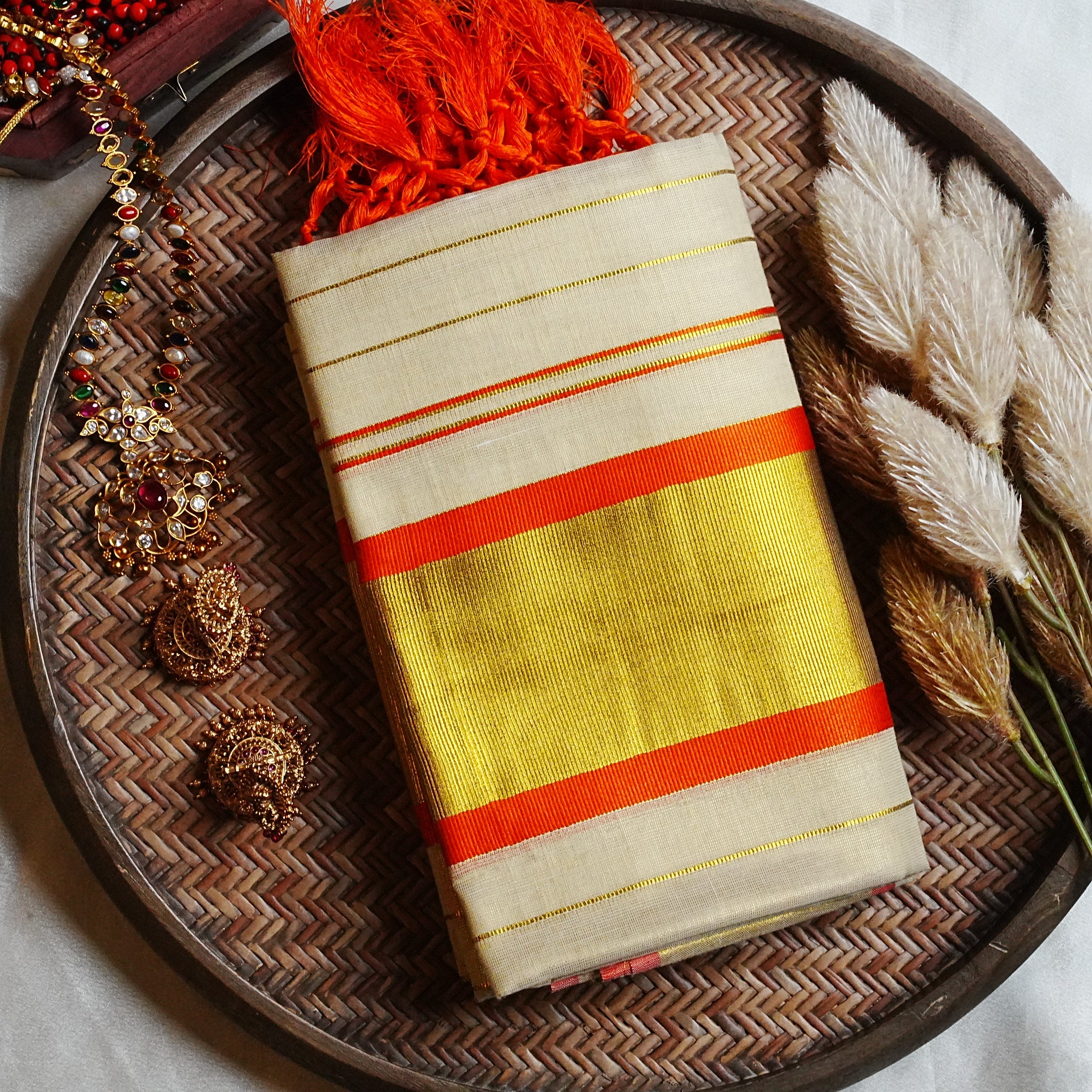 🧡 Fiery Orange & Radiant Kasavu: Premium Tissue Kerala Set Mundu 🍊 - SAROYA