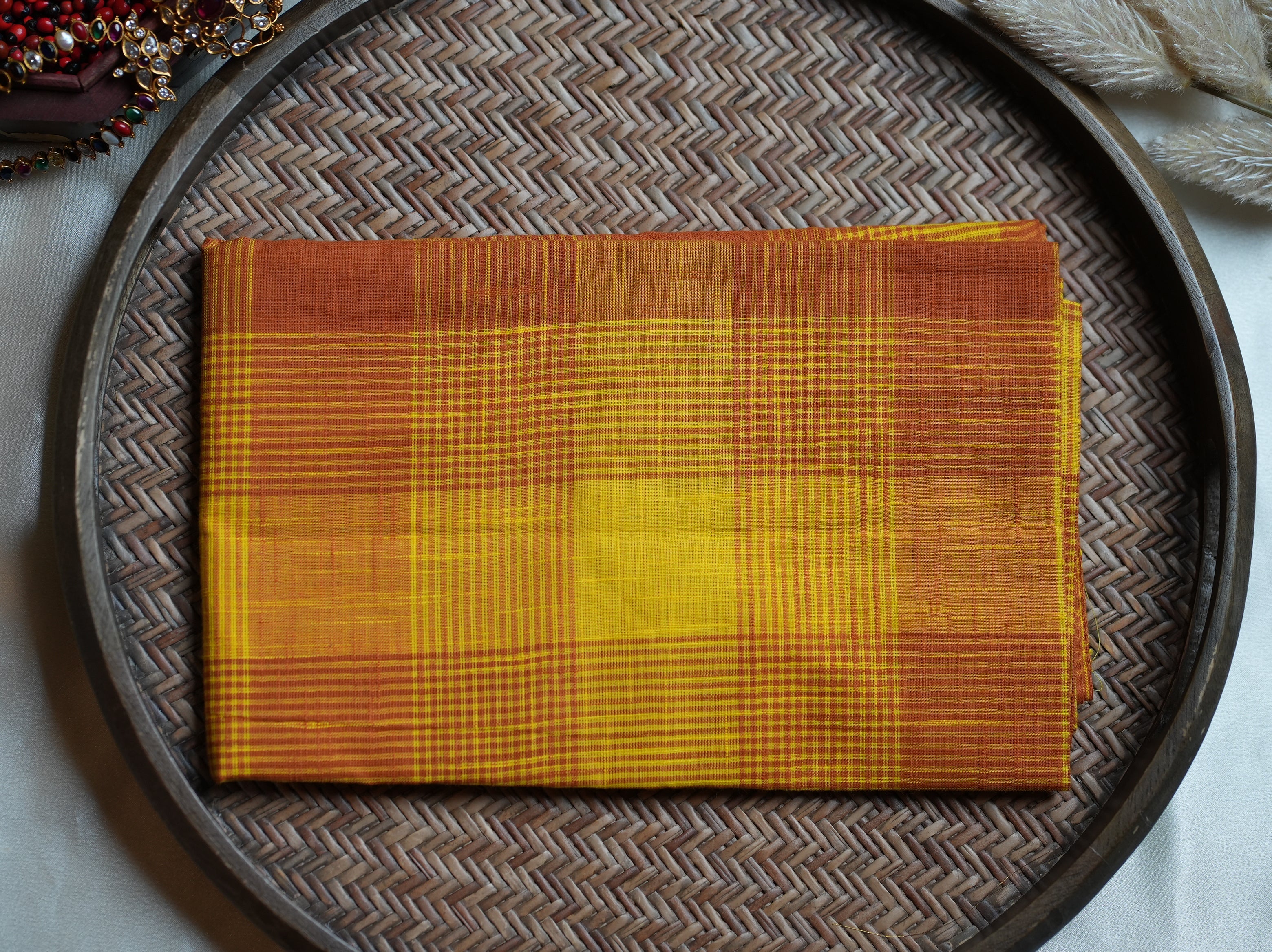 🌼 Floral Cutwork Tissue Set Mundu with Checked Blouse Piece 💛 - SAROYA