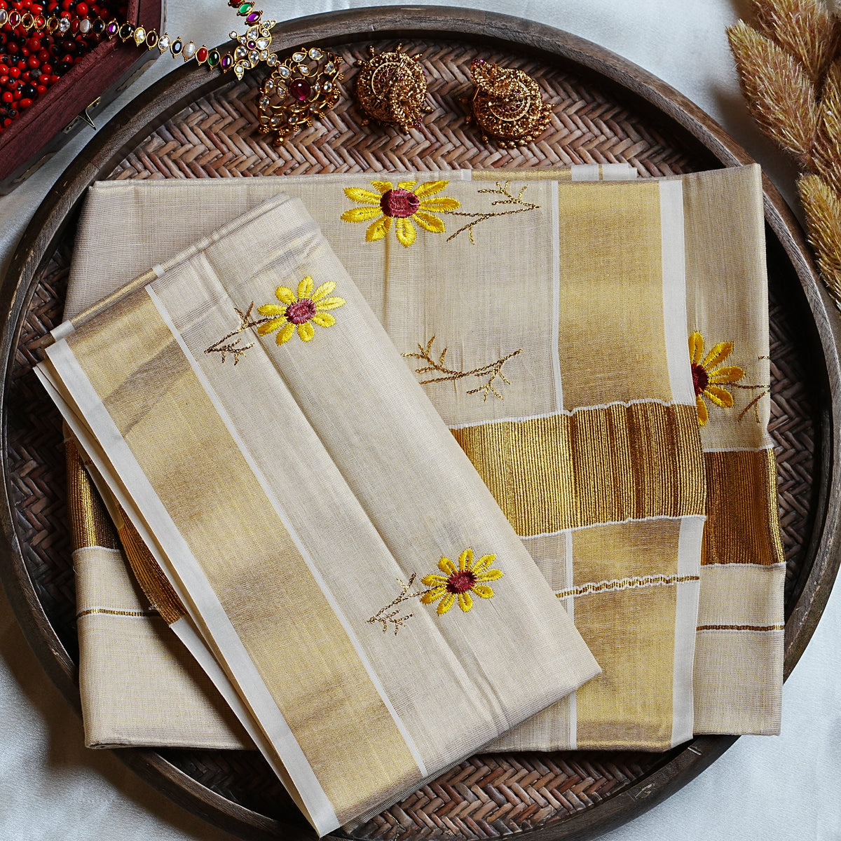 🌻 Floral Embroidery Tissue Kerala Set Mundu with Golden Kasavu Border 🌟 - SAROYA