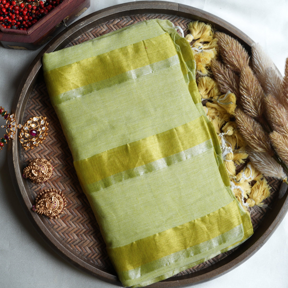 🍏 Fresh Lime Green Mul Mul Cotton Saree with Golden Zari Stripes & Tassels ✨💛 - SAROYA