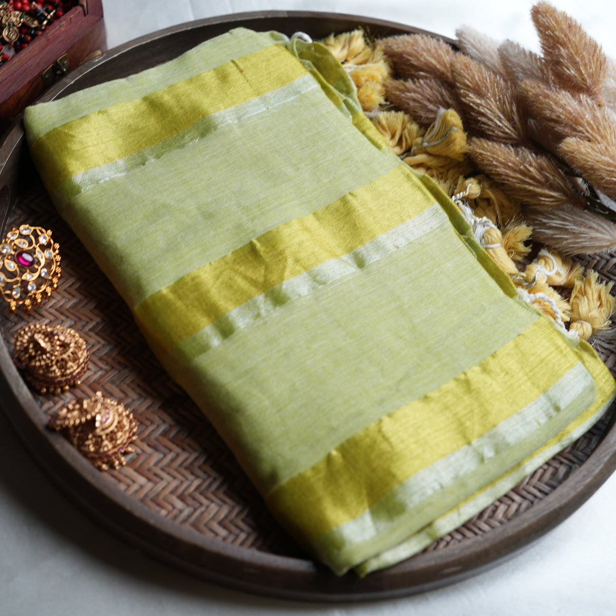 🍏 Fresh Lime Green Mul Mul Cotton Saree with Golden Zari Stripes & Tassels ✨💛 - SAROYA