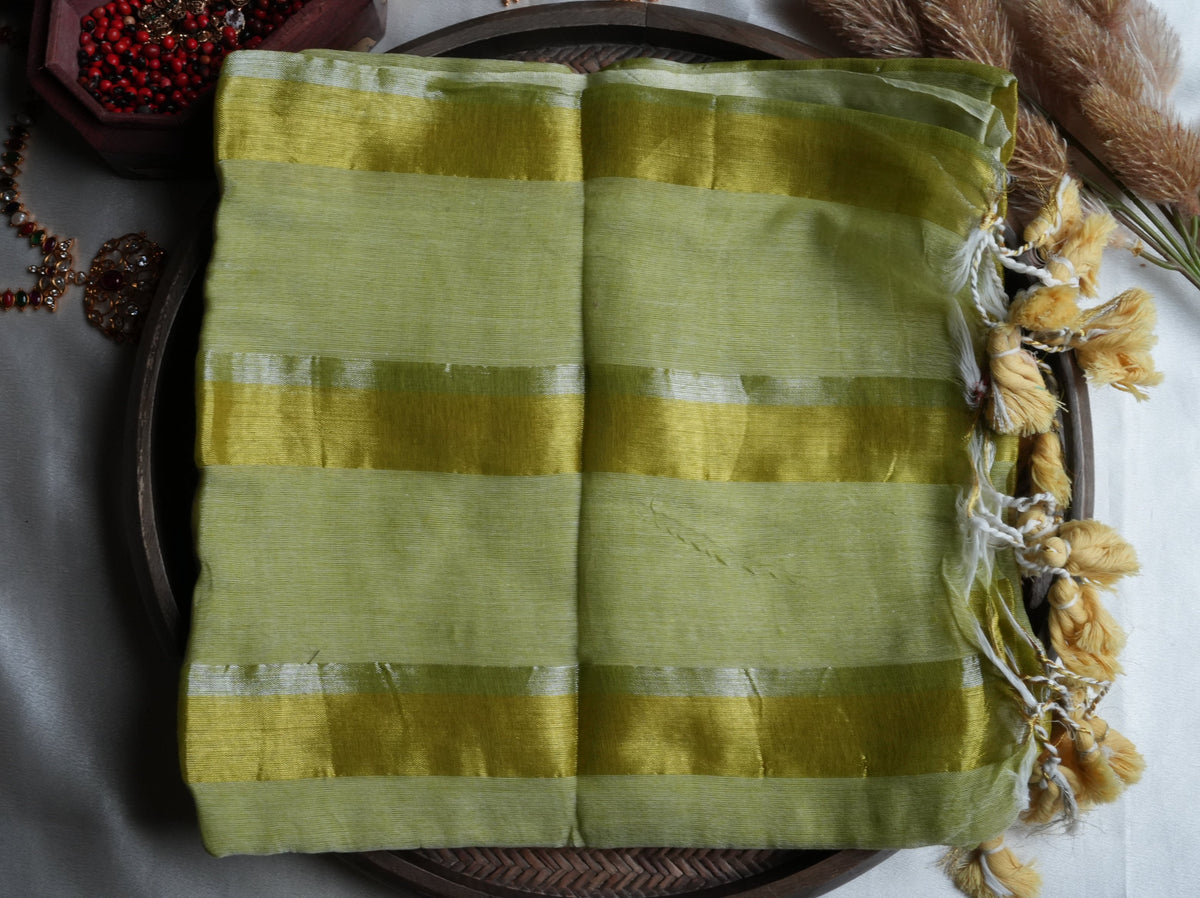 🍏 Fresh Lime Green Mul Mul Cotton Saree with Golden Zari Stripes & Tassels ✨💛 - SAROYA