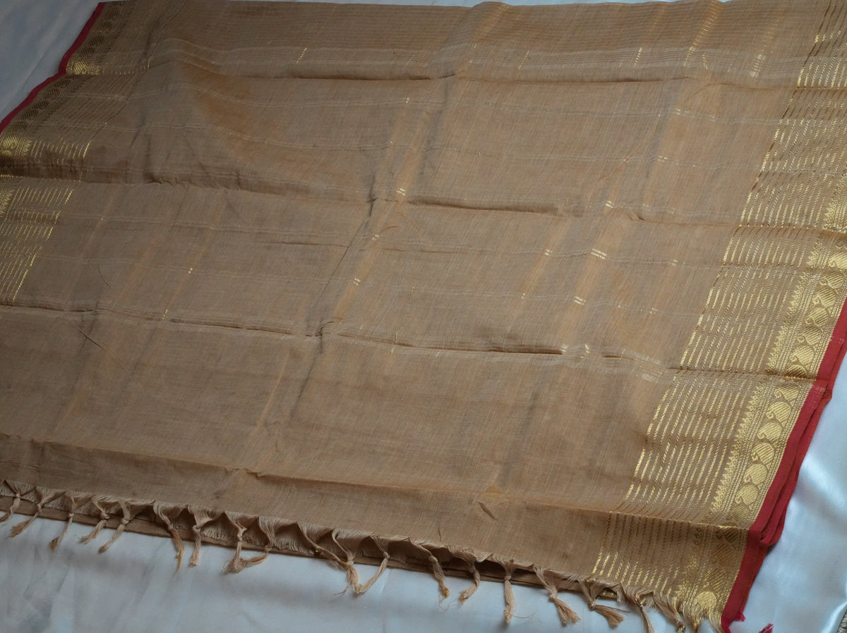 🌾 Golden Beige & Crimson Red Kanchi Cotton Saree 🌟 - SAROYA