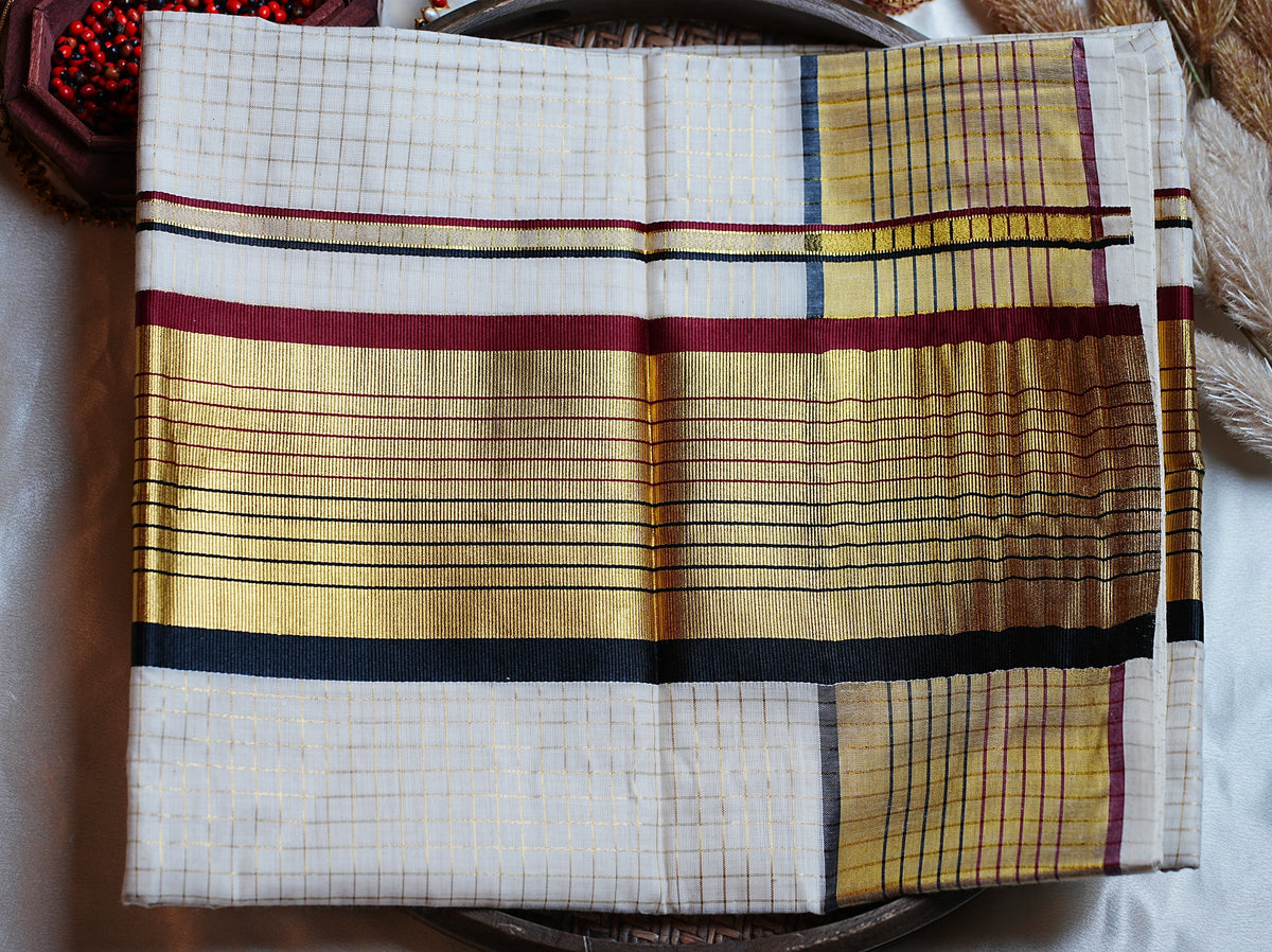 ✨ Golden Check Grid & Maroon-Black Border Cotton Kerala Saree 🖤 - SAROYA
