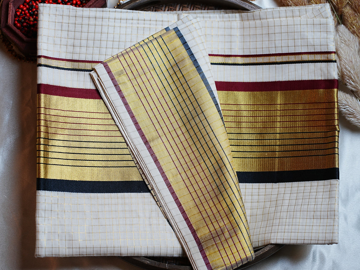 ✨ Golden Check Grid & Maroon-Black Border Cotton Kerala Saree 🖤 - SAROYA