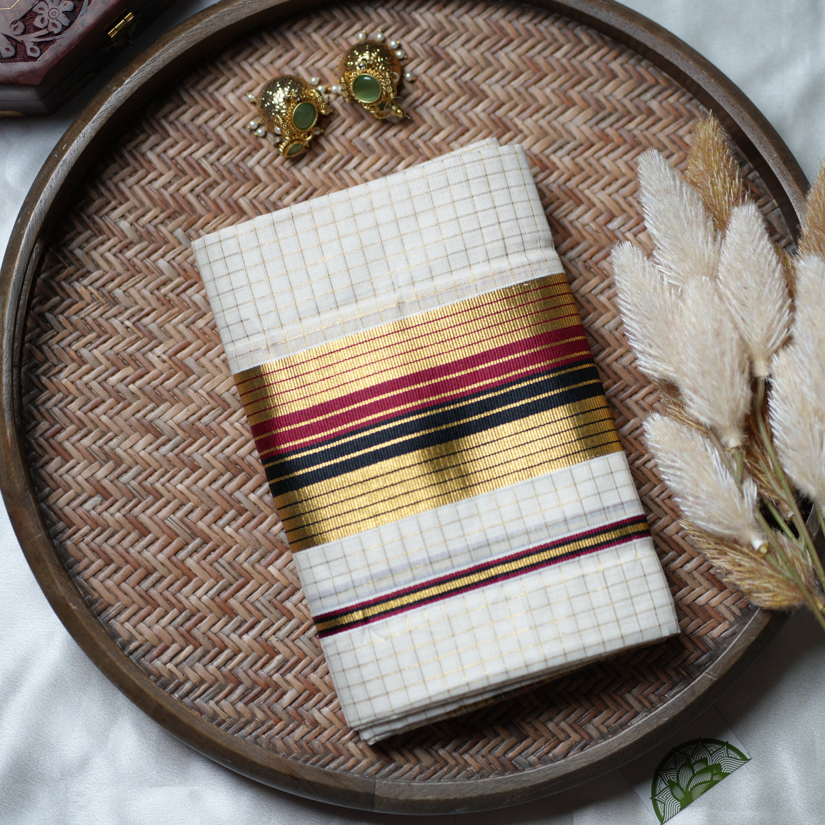 ✨ Golden Check Heritage: The Multi-Stripe Kerala Set Mundu ✨ - SAROYA