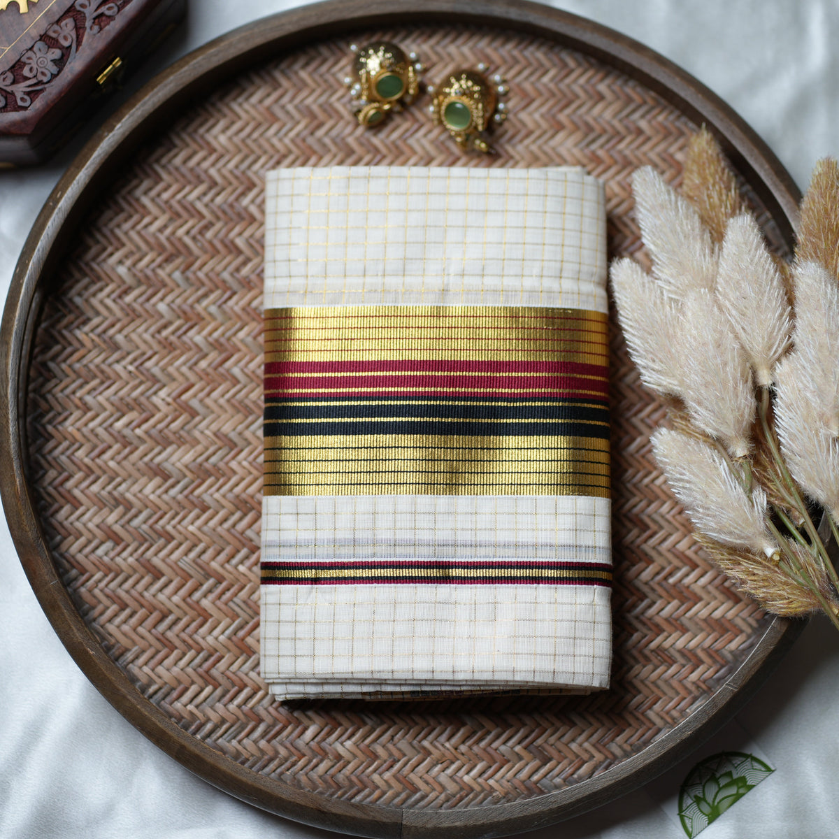 ✨ Golden Check Heritage: The Multi-Stripe Kerala Set Mundu ✨ - SAROYA