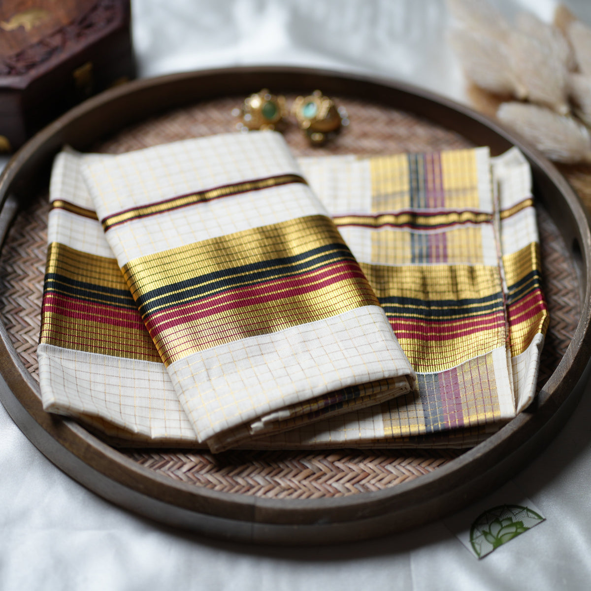 ✨ Golden Check Heritage: The Multi-Stripe Kerala Set Mundu ✨ - SAROYA