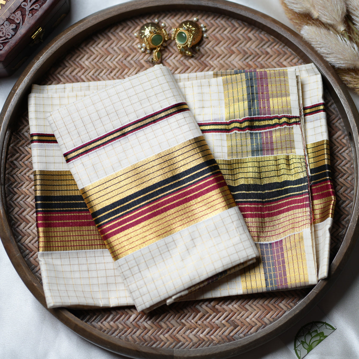 ✨ Golden Check Heritage: The Multi-Stripe Kerala Set Mundu ✨ - SAROYA
