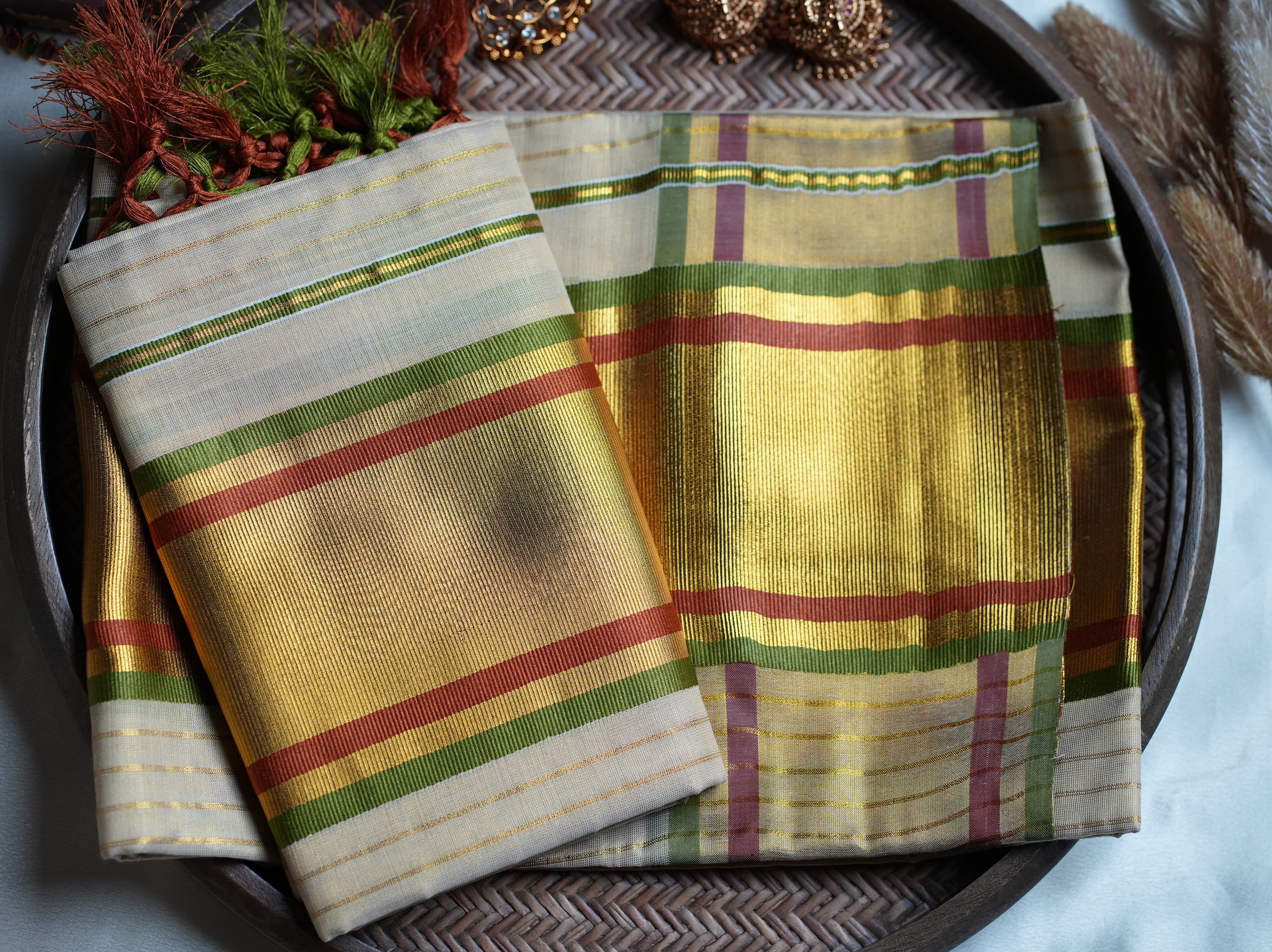 ✨ Golden Tissue Kerala Set Mundu with Olive Green & Rust Red Border 🌿 - SAROYA