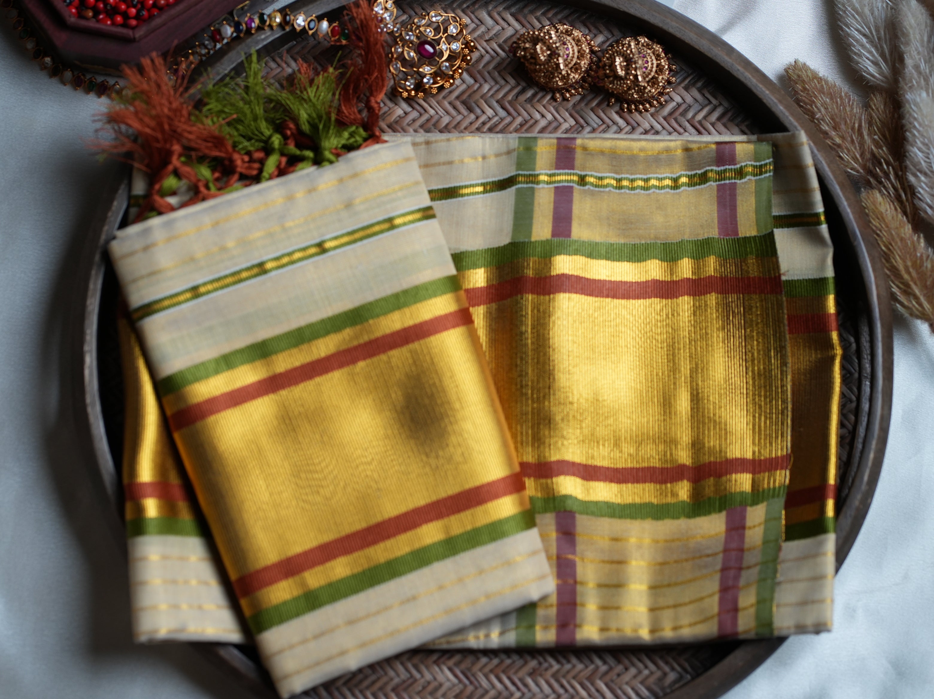 ✨ Golden Tissue Kerala Set Mundu with Olive Green & Rust Red Border 🌿 - SAROYA