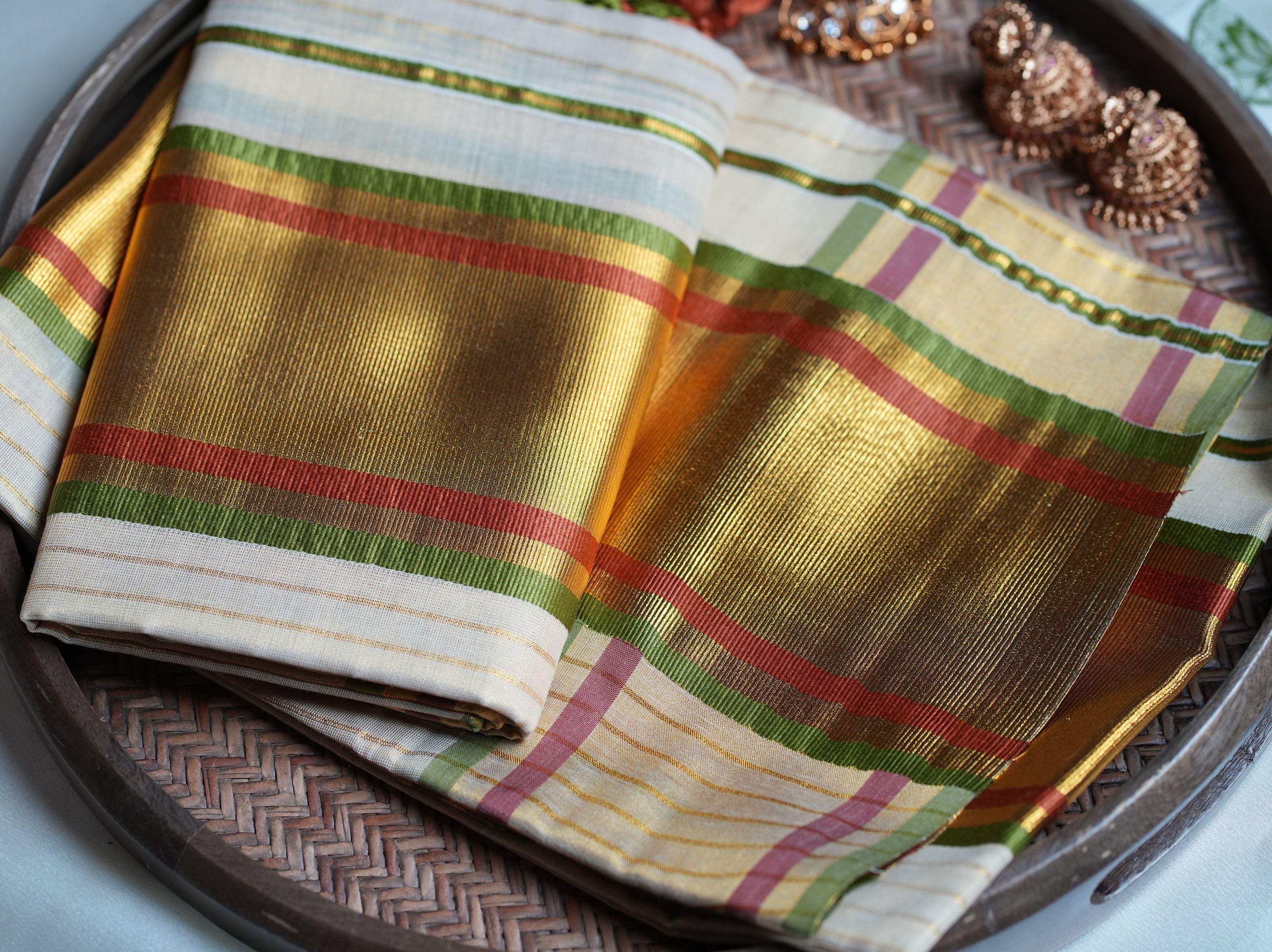 ✨ Golden Tissue Kerala Set Mundu with Olive Green & Rust Red Border 🌿 - SAROYA
