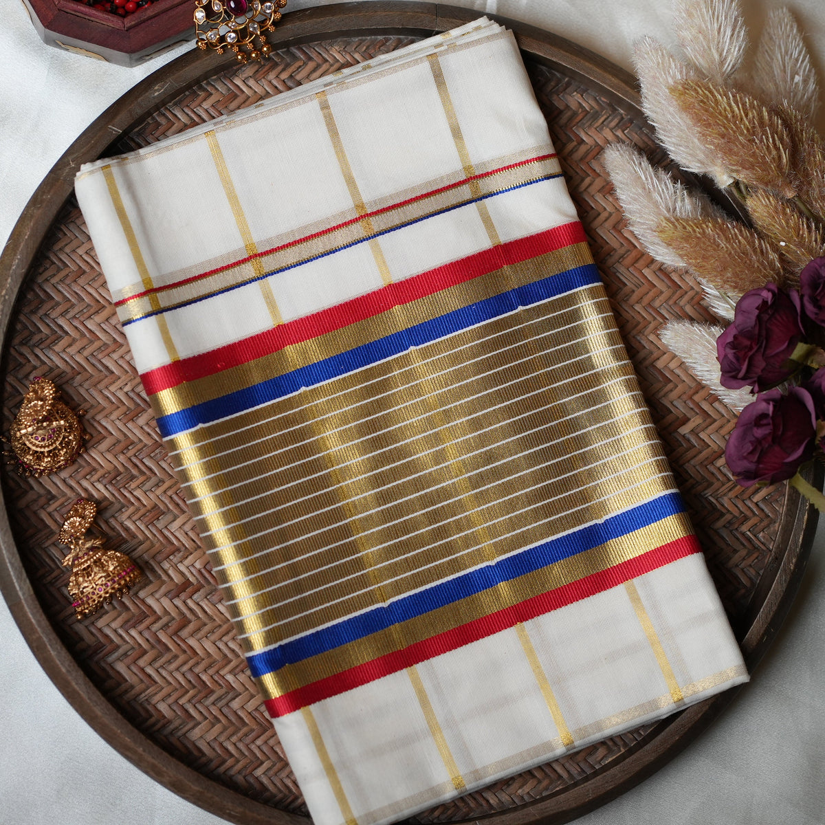 ❤️ Golden Windowpane Checks & Festive Red-Blue Accent: Premium Cotton Kerala Saree ✨ - SAROYA