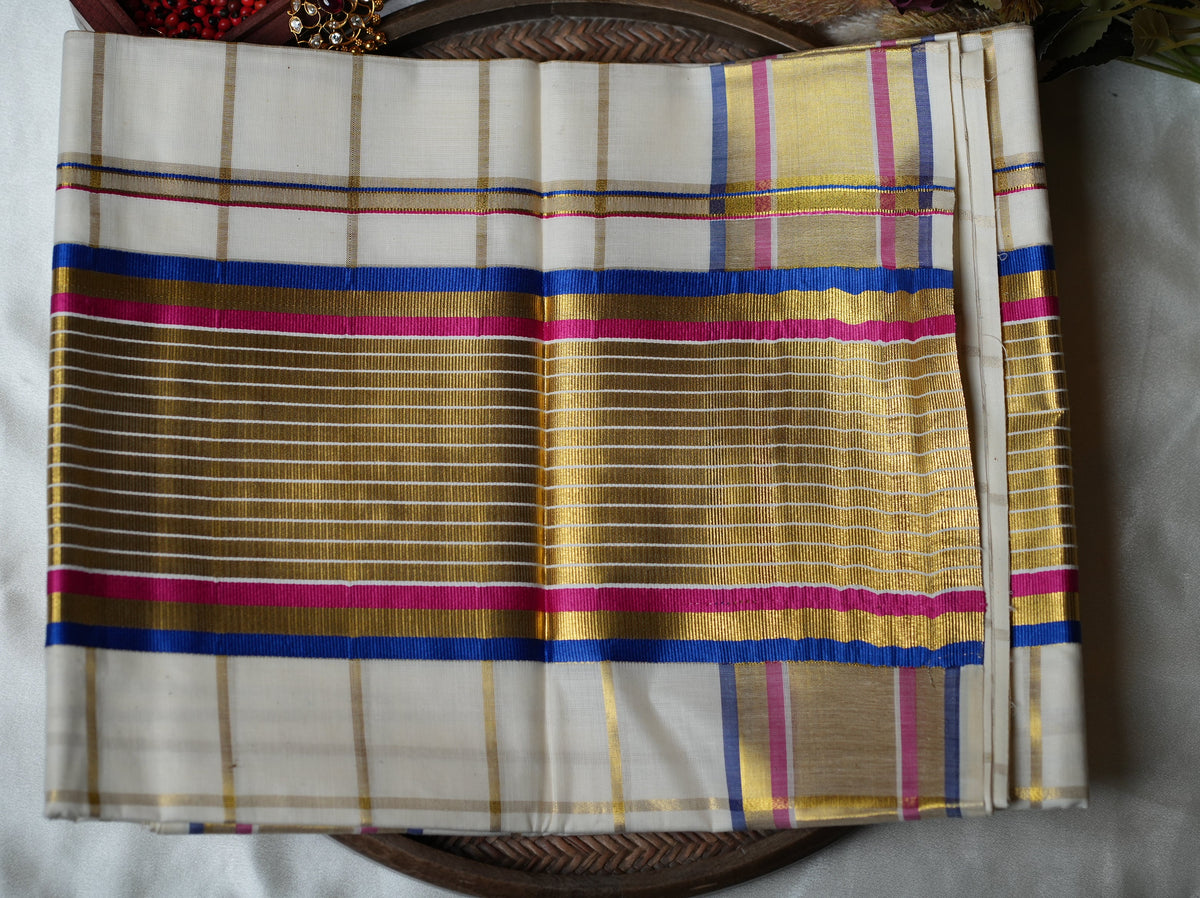❤️ Golden Windowpane Checks & Festive Red-Blue Accent: Premium Cotton Kerala Saree ✨ - SAROYA
