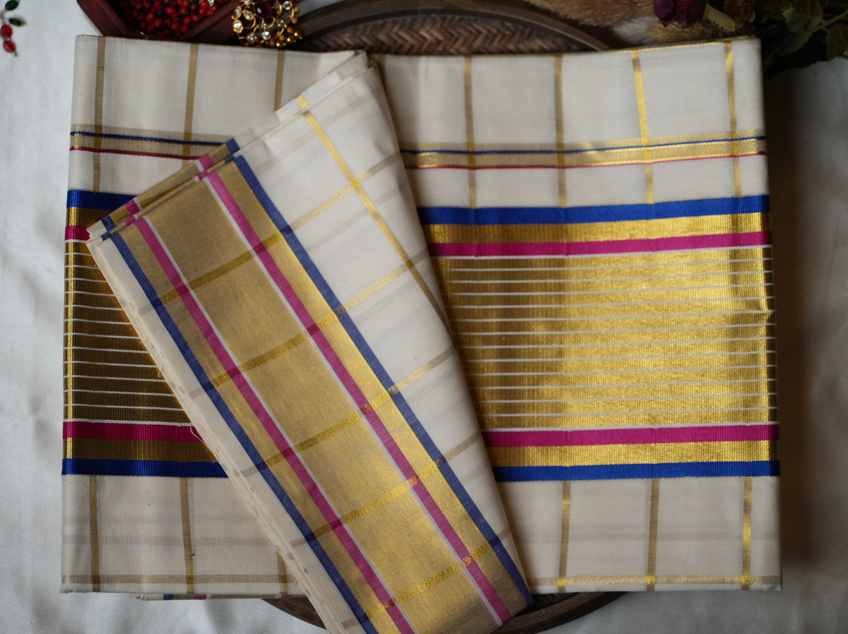 ❤️ Golden Windowpane Checks & Festive Red-Blue Accent: Premium Cotton Kerala Saree ✨ - SAROYA