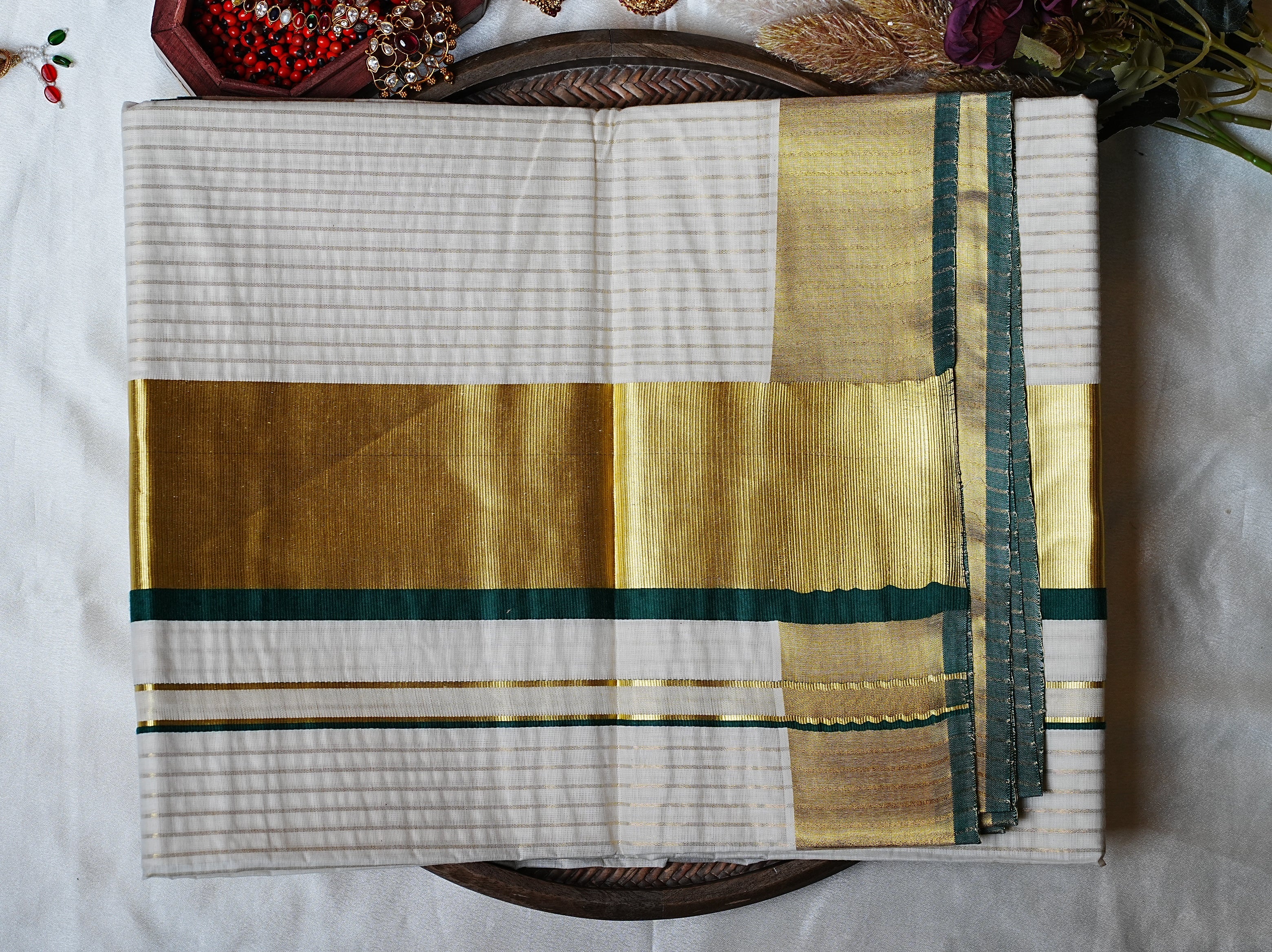 🌟 Golden Zari Checks & Forest Green: Premium Cotton Kerala Saree ✨ - SAROYA